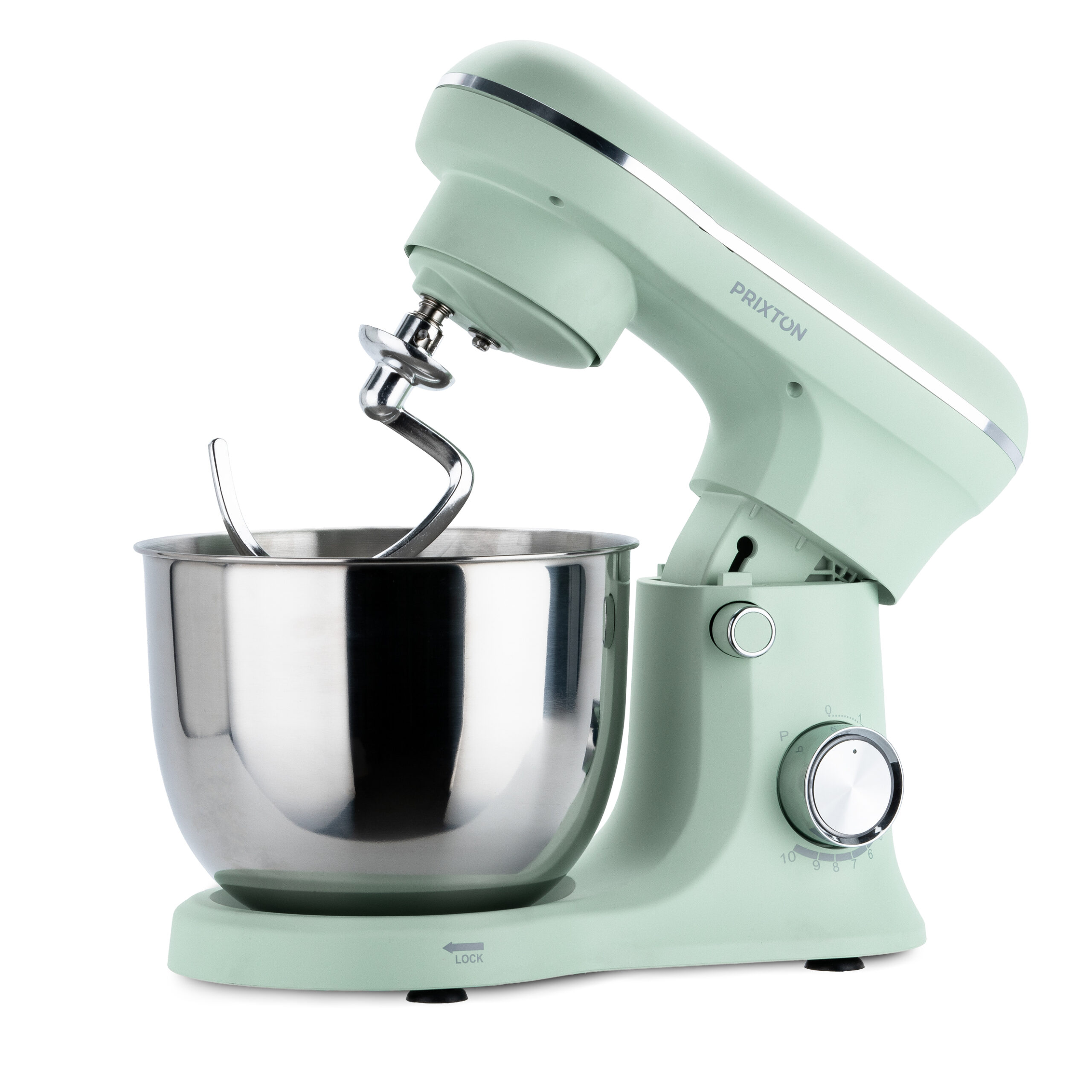 Miętowo-zielony mikser stojący z chromowanymi akcentami. Widoczna misa i akcesoria.