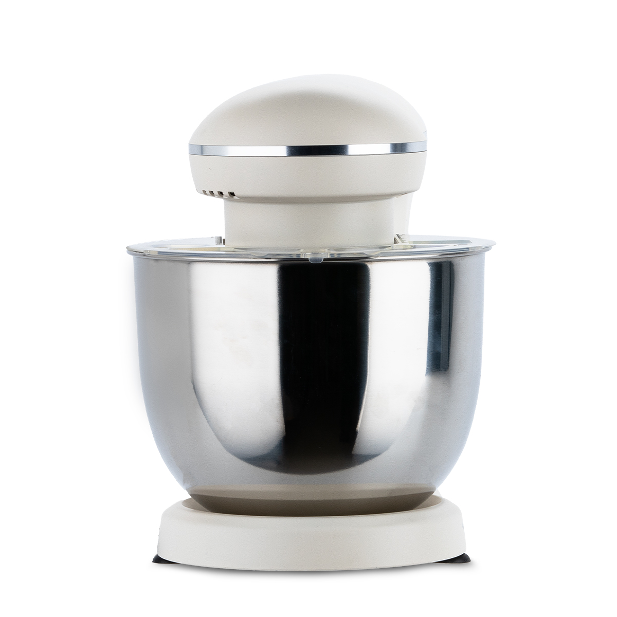Biały mikser stojący ze srebrną misą i przezroczystą pokrywą.