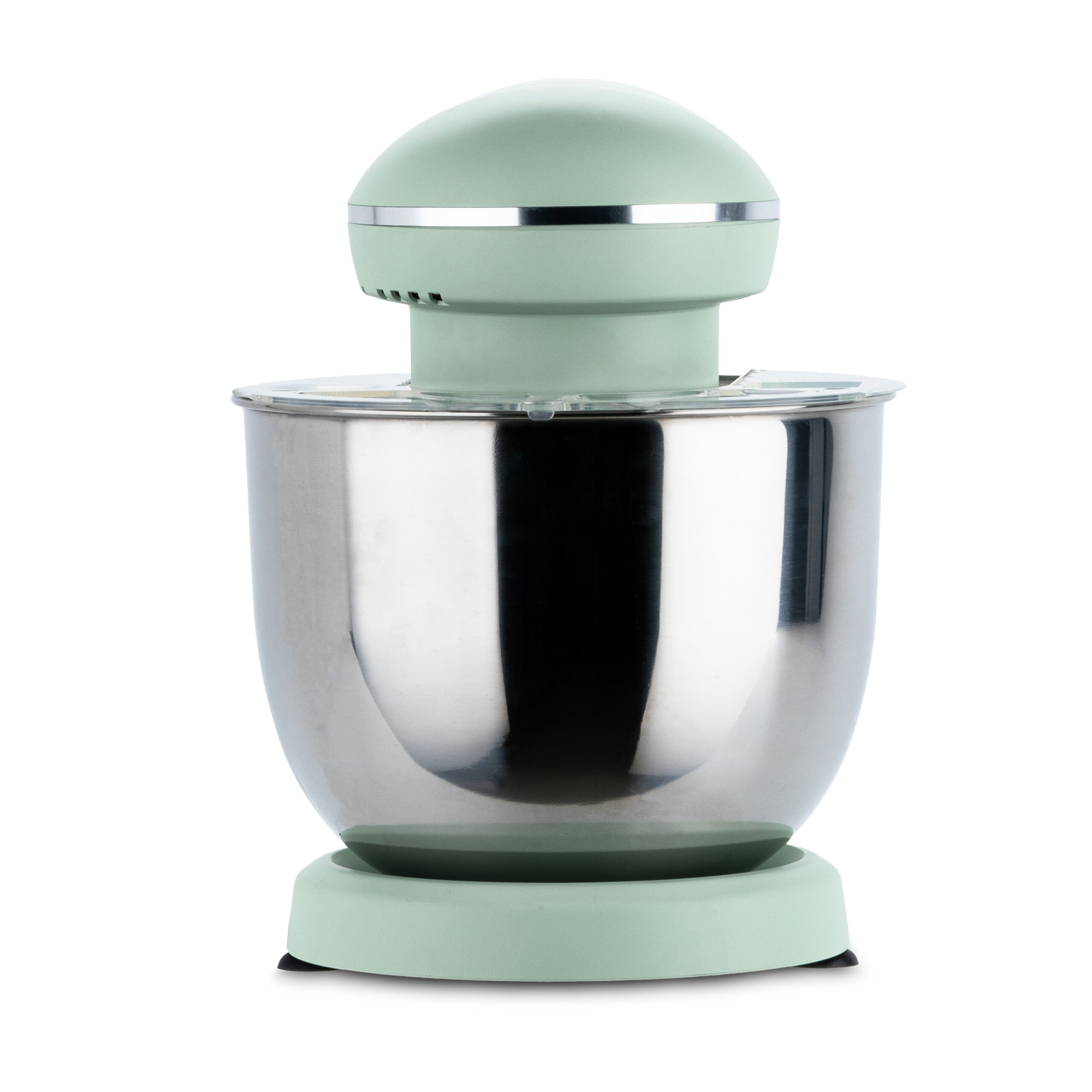 Miętowo-zielony i srebrny mikser stojący na białym tle, z misą ze stali nierdzewnej.