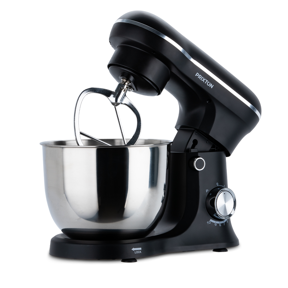 Czarny mikser z srebrną misą i hakiem. Białe tło.