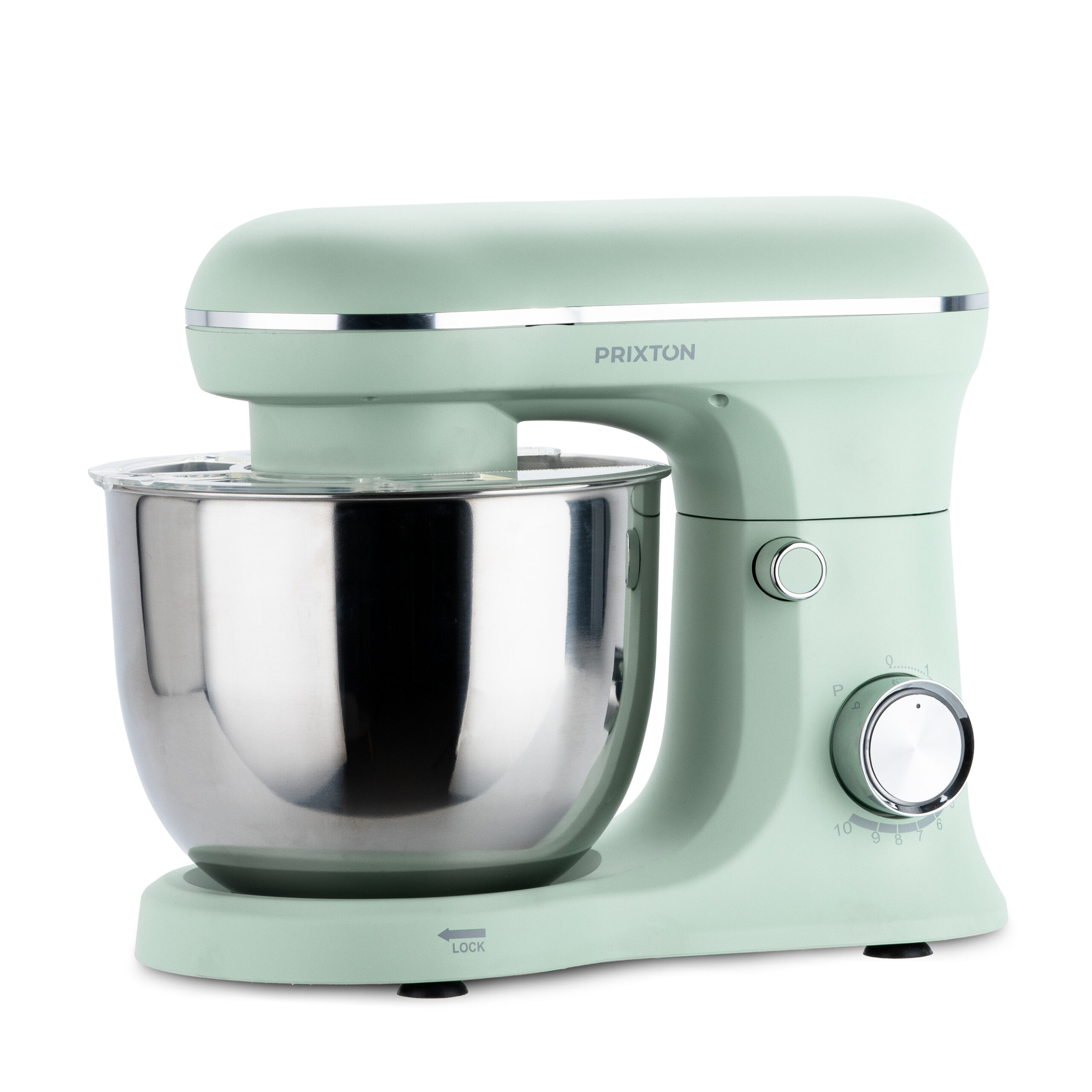 Miętowy mikser stojący z misą ze stali nierdzewnej na białym tle.