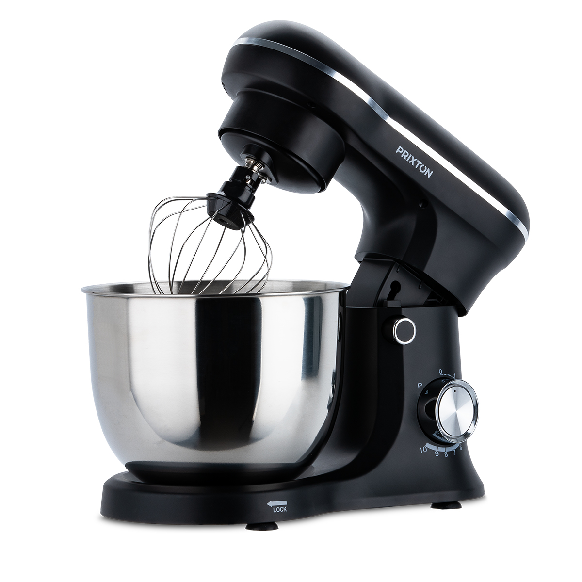 Czarny mikser stojący ze srebrną misą i trzepaczką na białym tle.