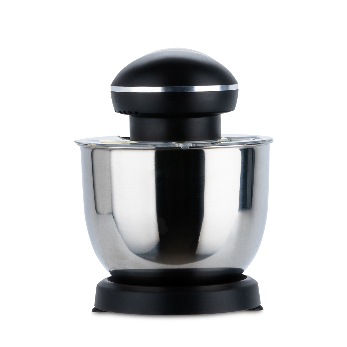 Urządzenie kuchenne ze stali nierdzewnej i czarne z zaokrąglonym wierzchem i srebrną obwódką.