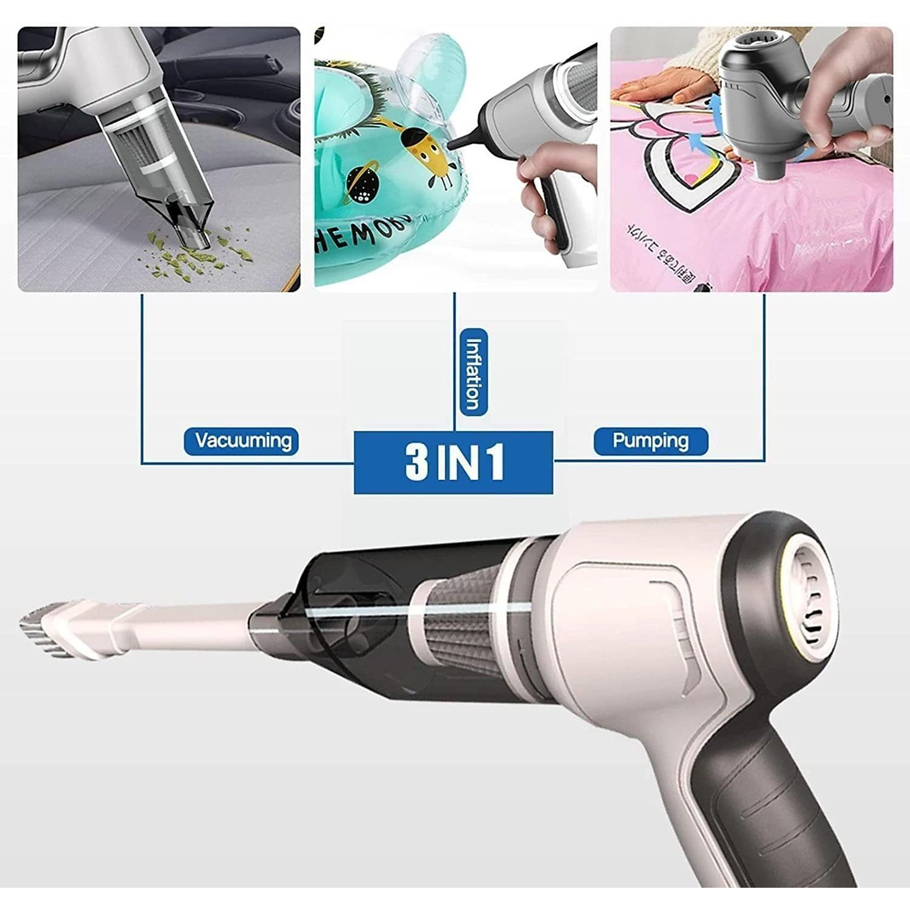 3-in-1-Staubsauger. Vakuum-, Aufblas- und Pumpfunktionen.