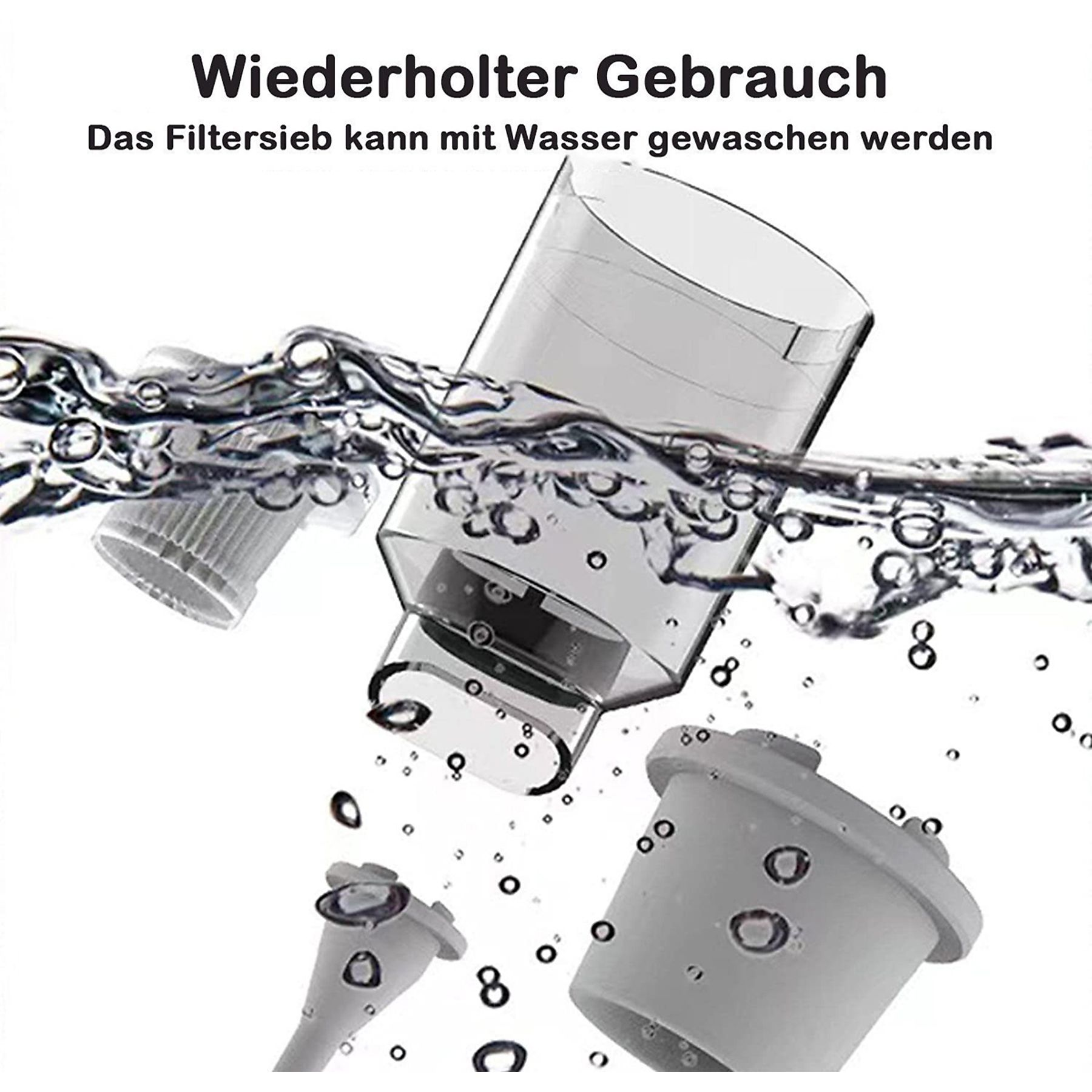 Komponenten eines wiederverwendbaren Filtersystems, unter Wasser, mit Textüberlagerung.