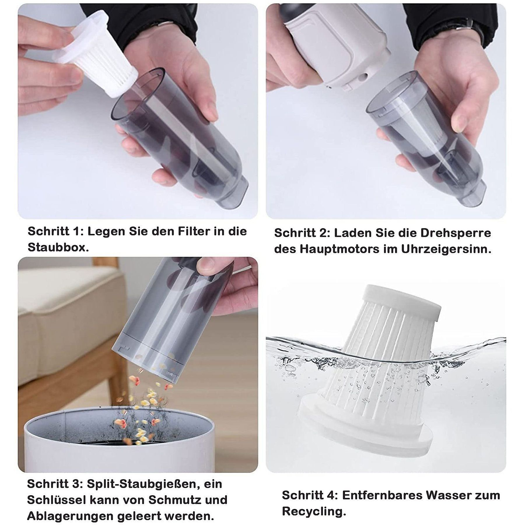Vier Bilder zeigen den Prozess der Reinigung eines kleinen Staubsaugerfilters, mit Textbeschriftungen.