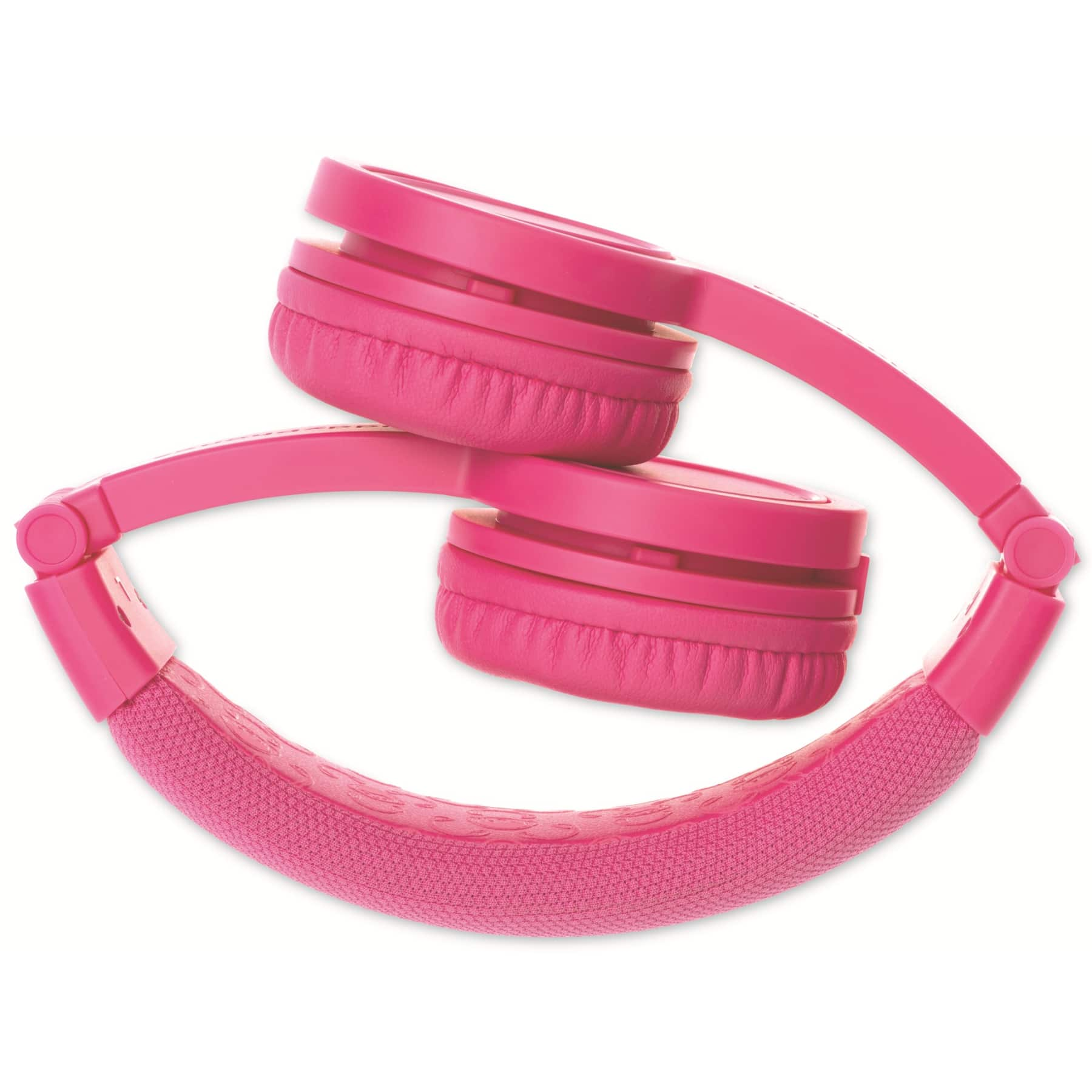 Cuffie bianche e rosa con cavo per la condivisione. Sfondo bianco.