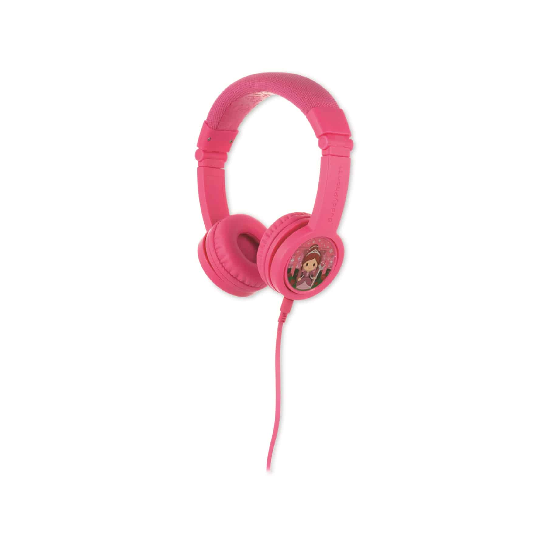 Cuffie rosa con una grafica di una principessa sul padiglione auricolare. Hanno un cavo.