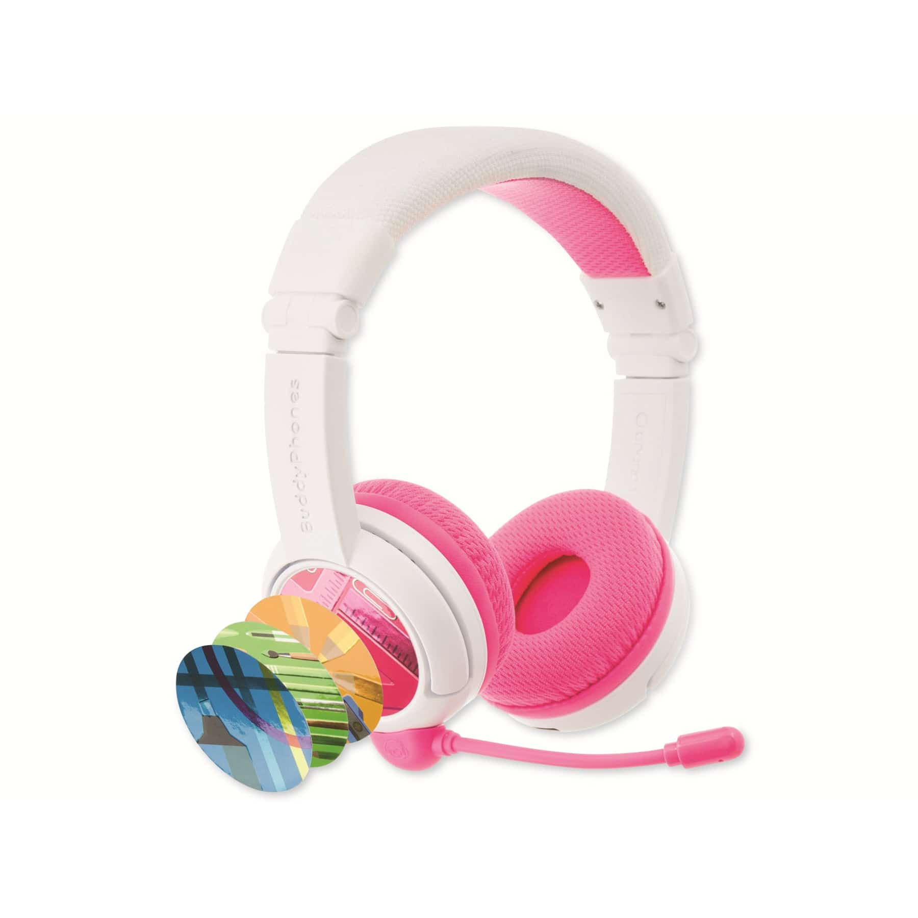 Cuffie bianche e rosa con microfono. Ci sono adesivi colorati a strati sul padiglione.
