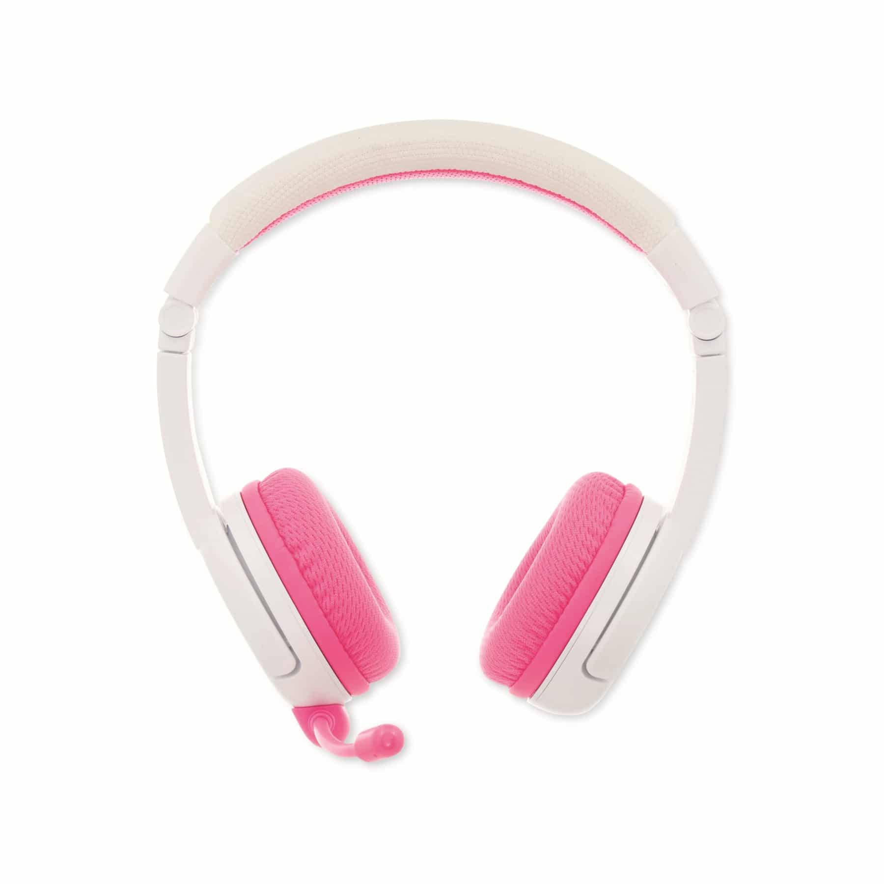 Cuffie bianche e rosa con microfono. I padiglioni sono rosa, l'archetto bianco.