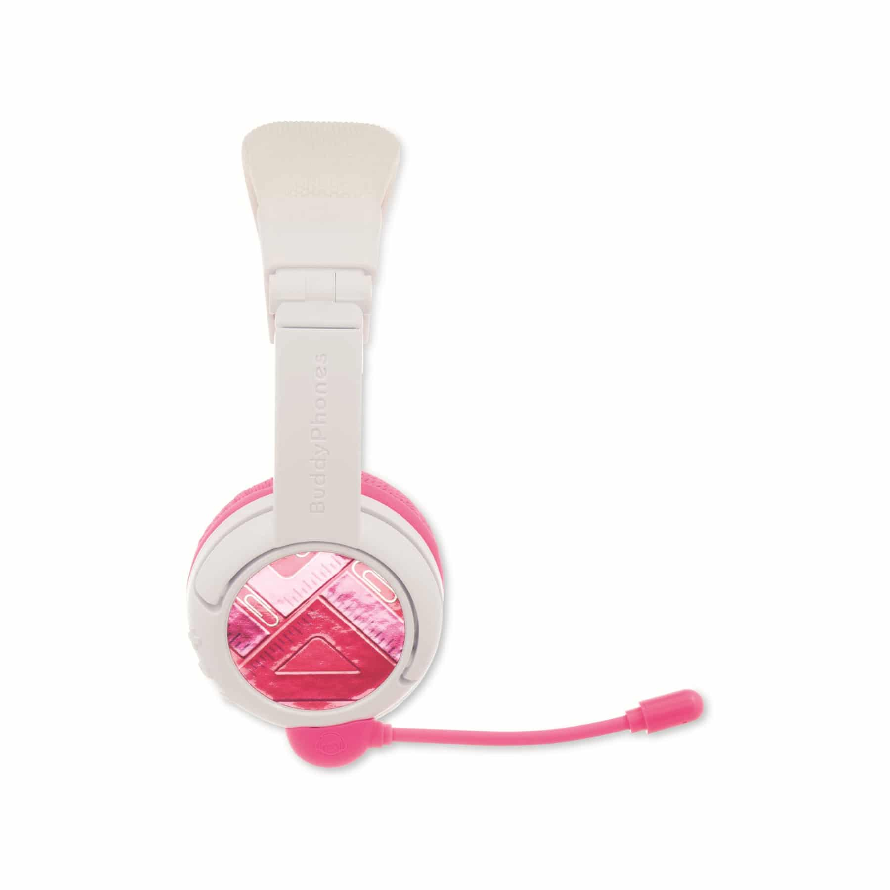 Cuffie bianche e rosa con microfono. Il padiglione ha un design rosa.