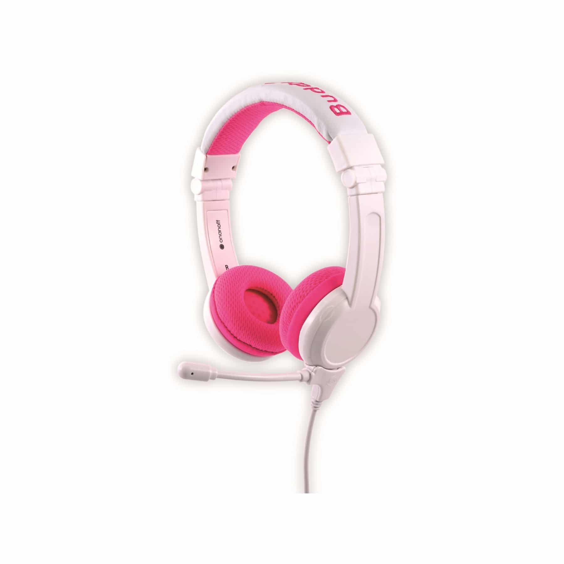 Casque rose et blanc avec un microphone. Le bandeau indique 'Bude'.