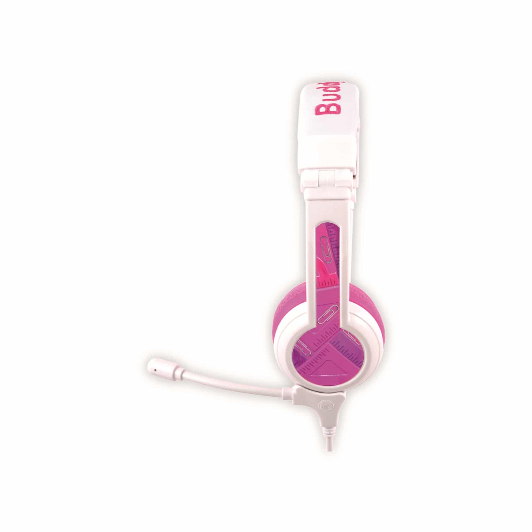 Un casque rose et blanc avec un microphone.