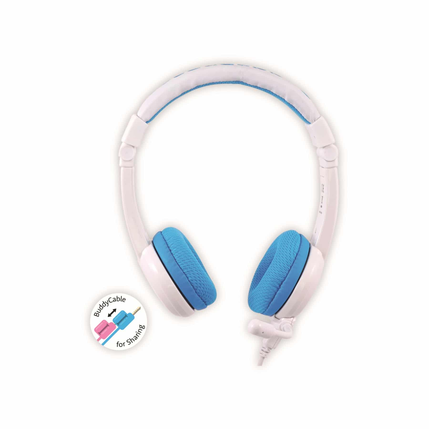 Cuffie bianche e blu con cavo e un piccolo connettore per la condivisione audio.