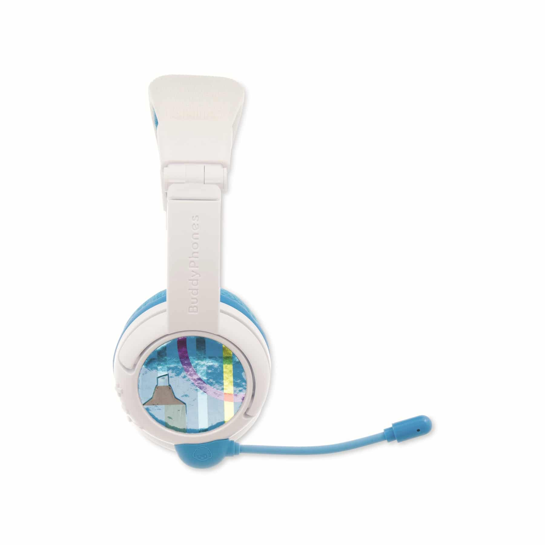 Cuffie bianche e blu con microfono, vista laterale. Sfondo bianco.
