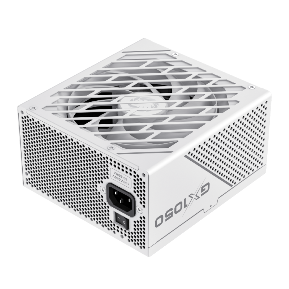 Ein weißes Computer-Netzteil mit Lüftergitter und Stromeingang. Die Marke ist GX 1050.