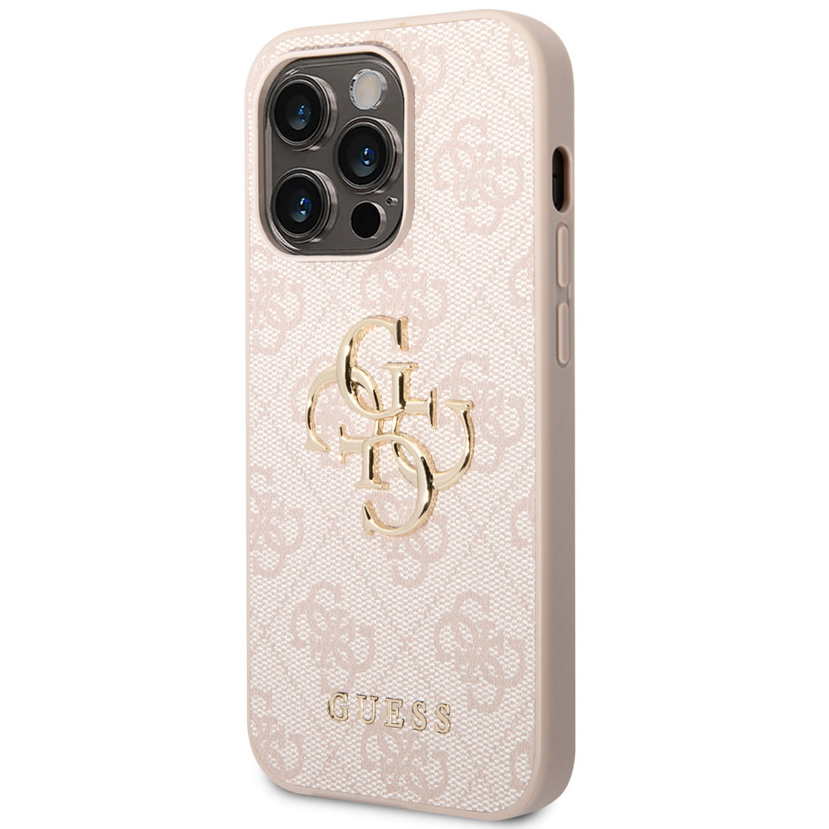 Una custodia per telefono Guess. È rosa con logo dorato e fotocamere del telefono.