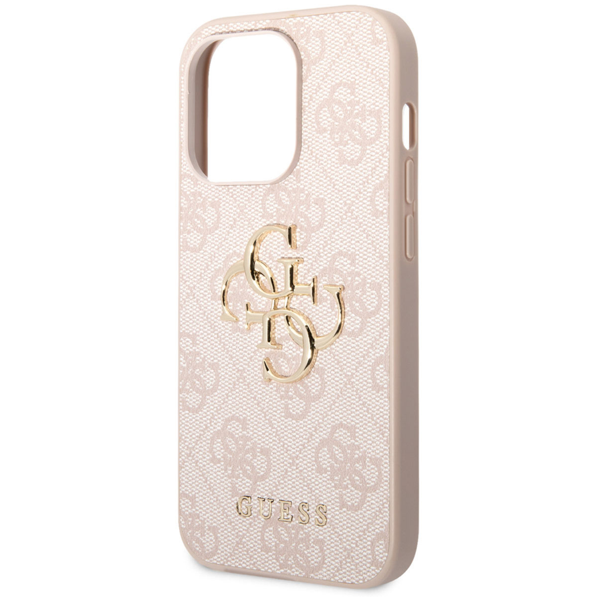 Custodia per telefono rosa con logo Guess dorato. Sfondo bianco a motivi.