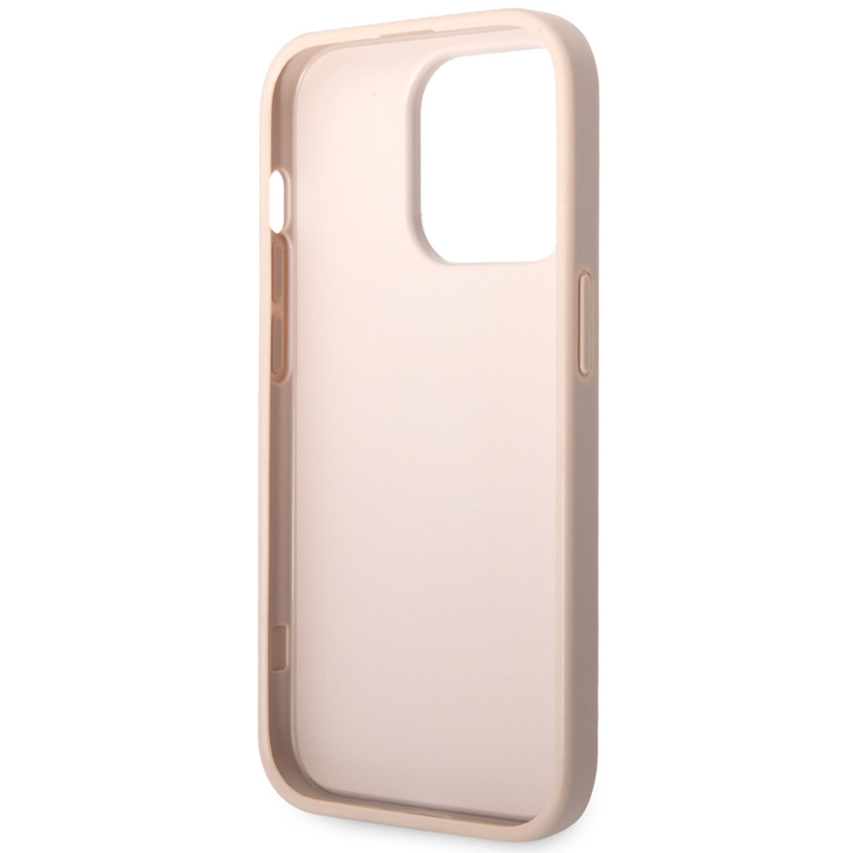 Custodia rosa per telefono. Fori per fotocamera e pulsanti. Sfondo bianco.