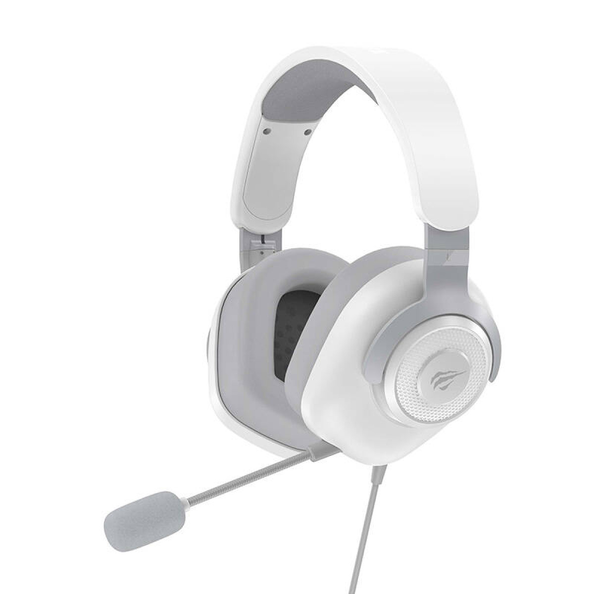 Cuffie bianche e grigie over-ear con microfono.