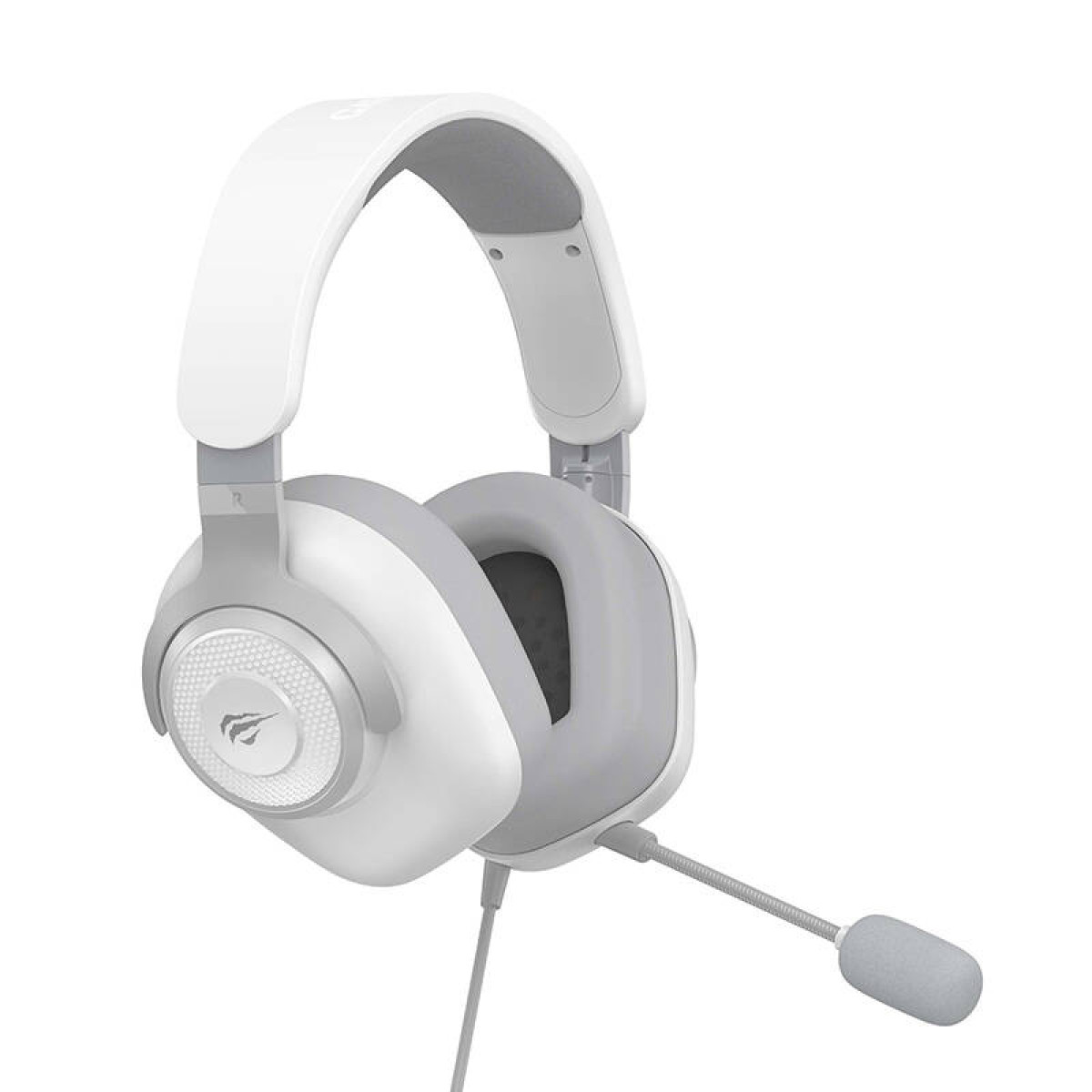 Cuffie over-ear bianche e grigie con microfono. Le cuffie sono su sfondo bianco.