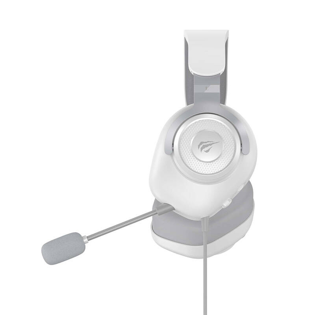 Cuffie bianche e grigie over-ear con microfono, vista laterale.