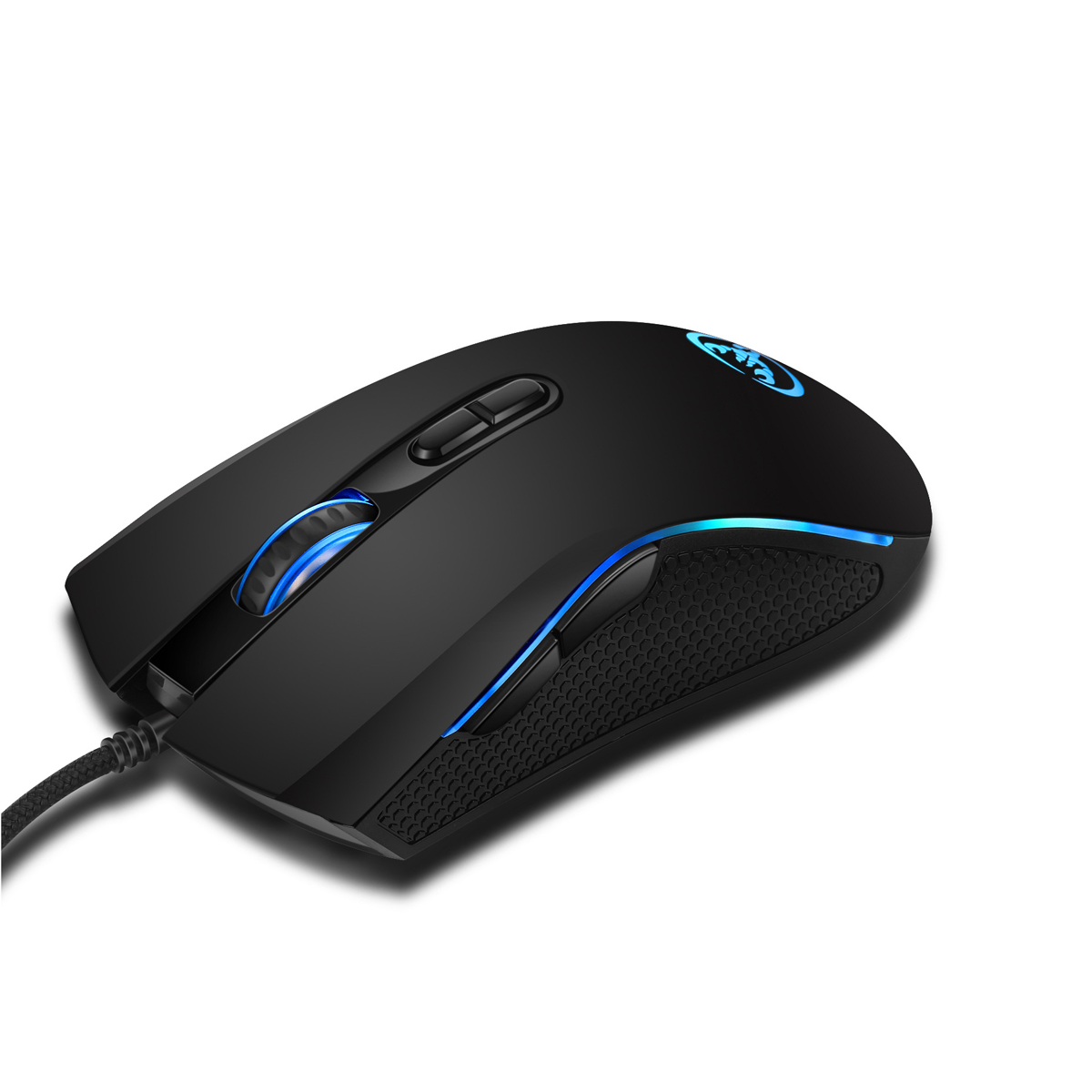 Schwarze Gaming-Maus mit zwei Tasten, blauen LED-Lichtern und strukturiertem Griff, isoliert.