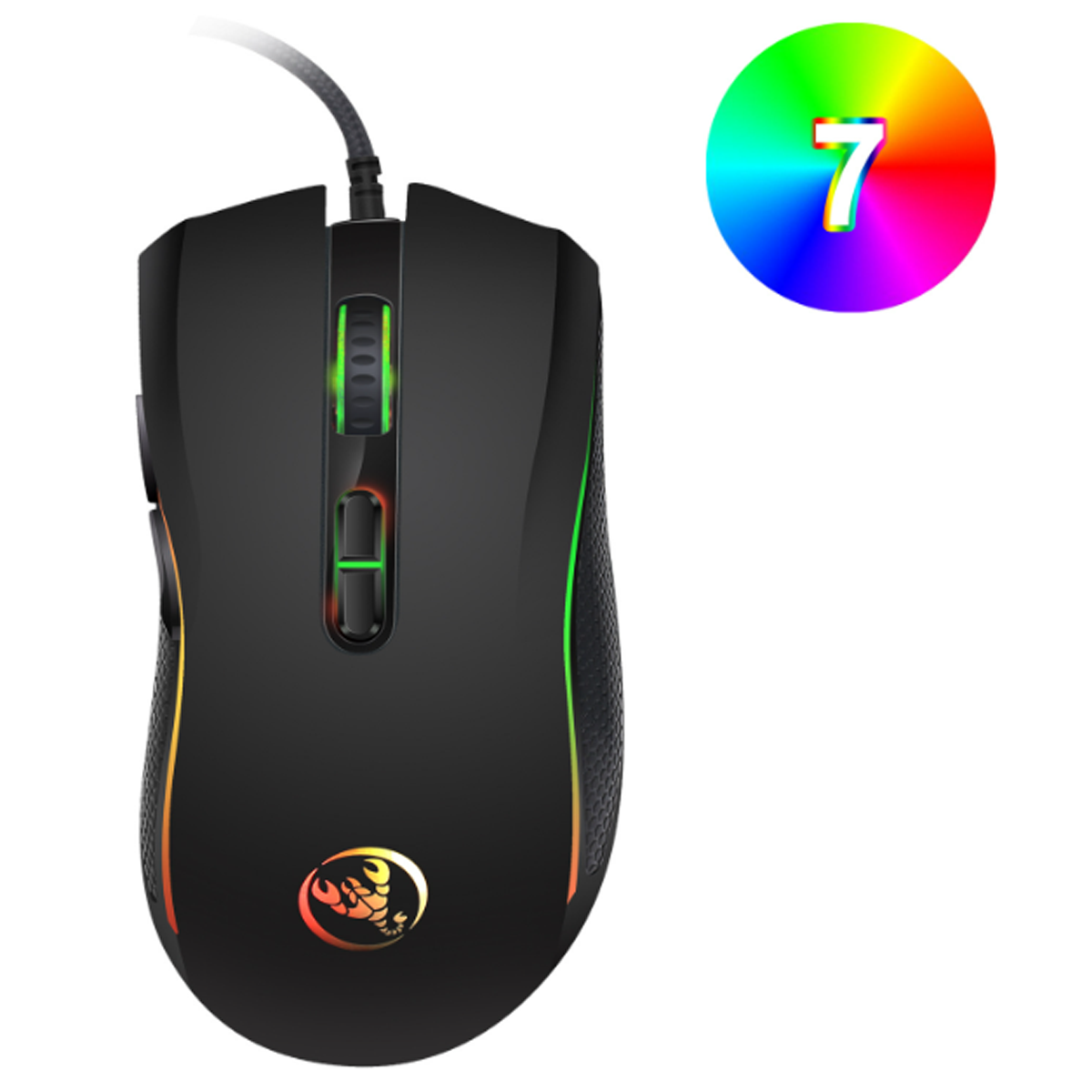 Schwarze Gaming-Maus mit RGB-Beleuchtung. Ein Farbrad mit der Zahl 7 befindet sich in der Ecke.