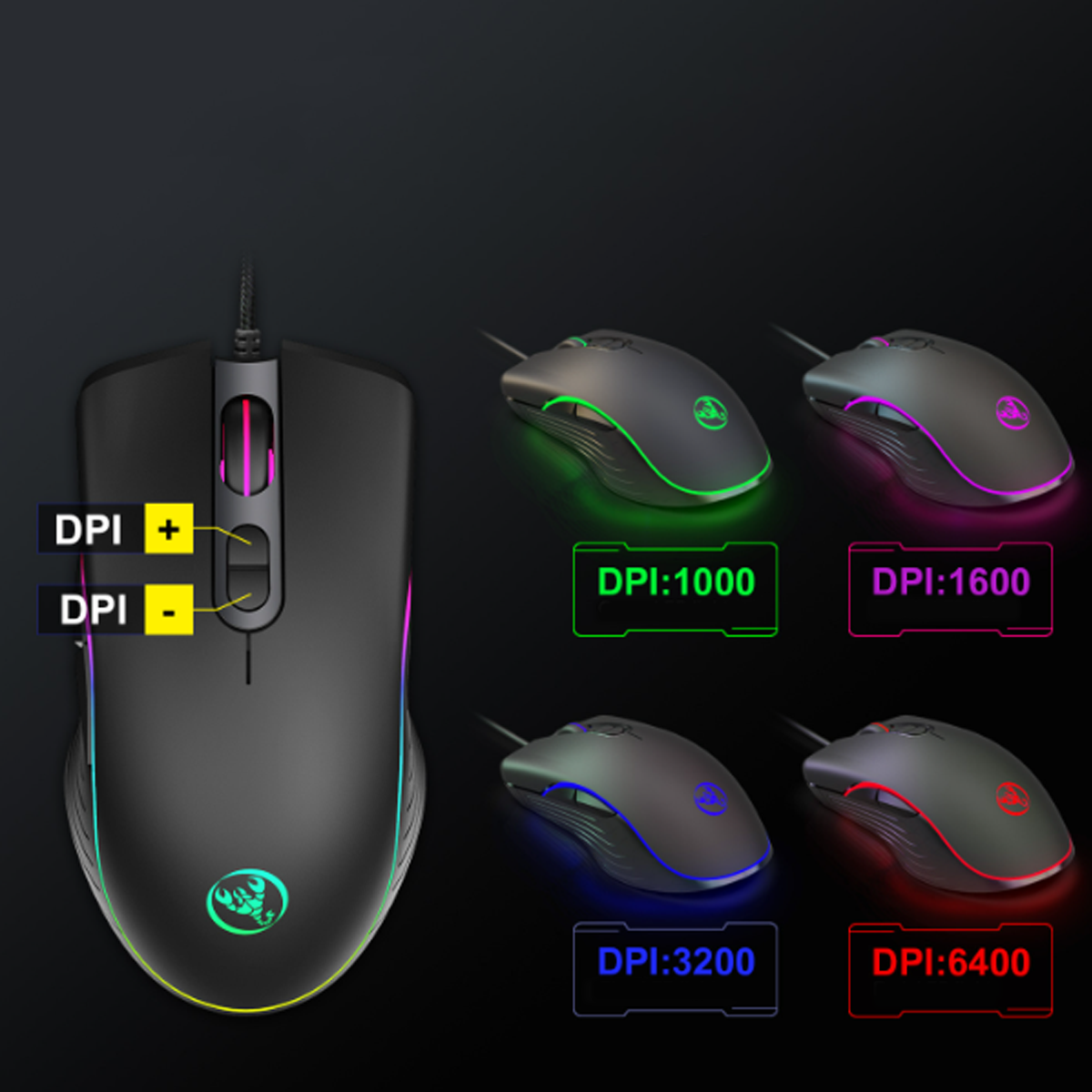 Schwarze Gaming-Maus mit DPI-Einstelltasten und LED-Beleuchtung, die verschiedene DPI-Einstellungen mit Farbe anzeigt.