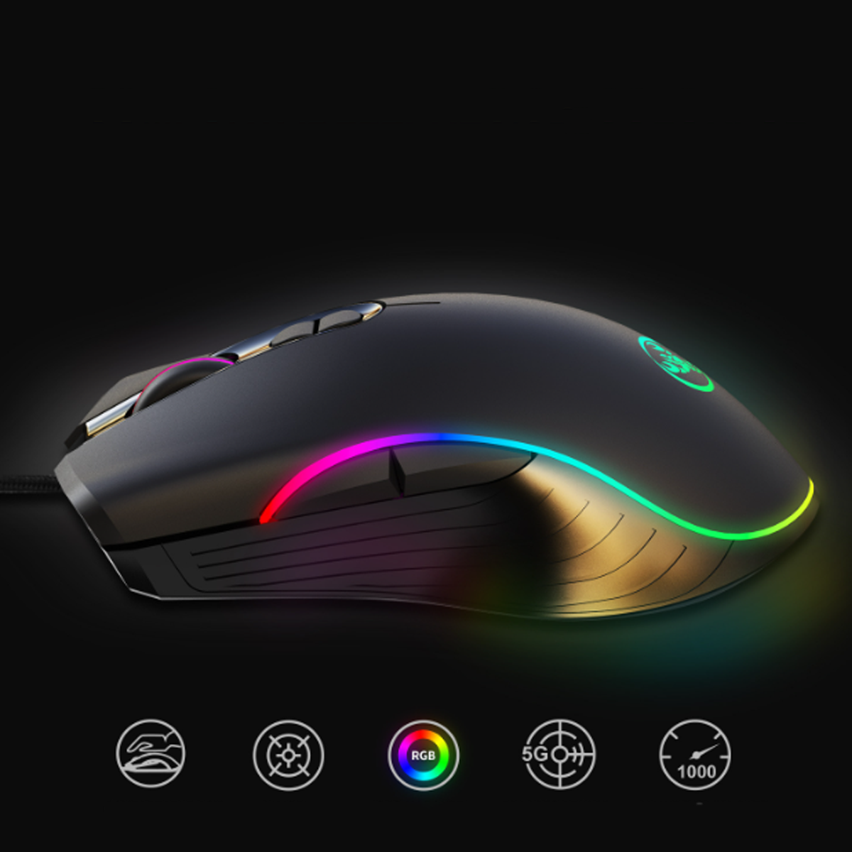 Schwarze Gaming-Maus mit RGB-Beleuchtung. Die Maus hat ein schlankes Design.