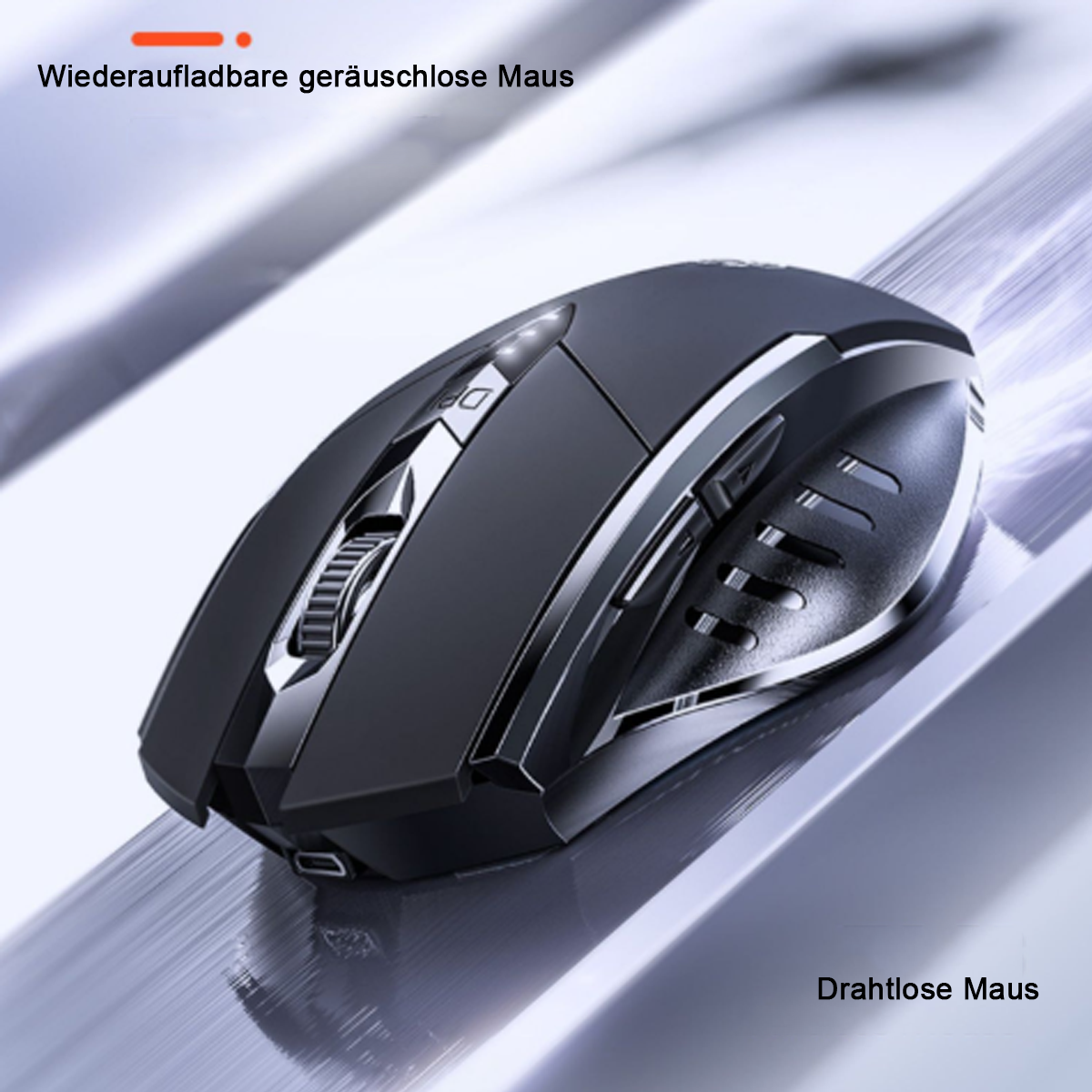 Eine schwarze drahtlose Maus mit silbernem Scrollrad und Tasten auf einer Oberfläche.