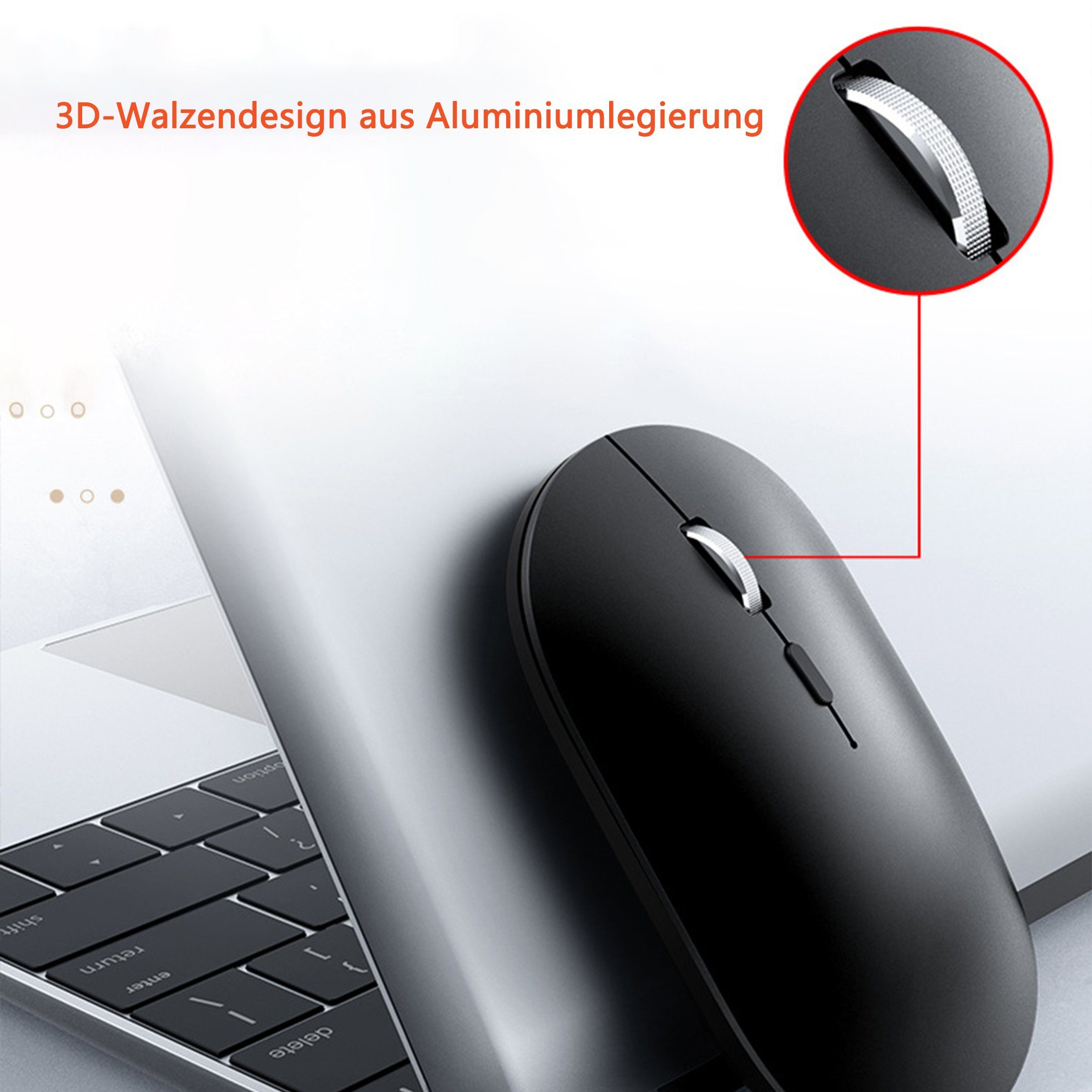 Schwarze Computermaus auf einem Laptop, Nahaufnahme, weißer Text.