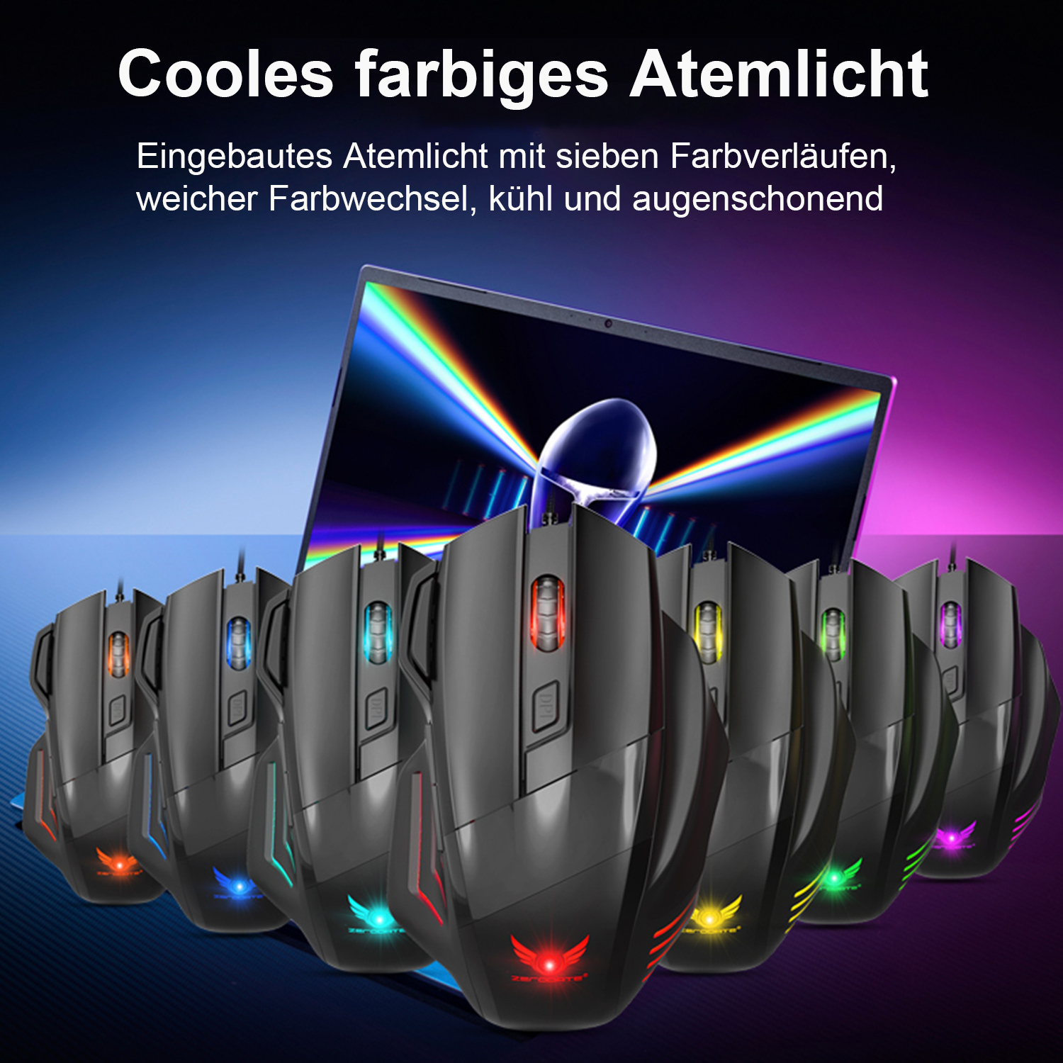 Schwarze Gaming-Mäuse mit bunten Lichtern, angeordnet vor einem Laptop mit blauem und pinkem Hintergrund.