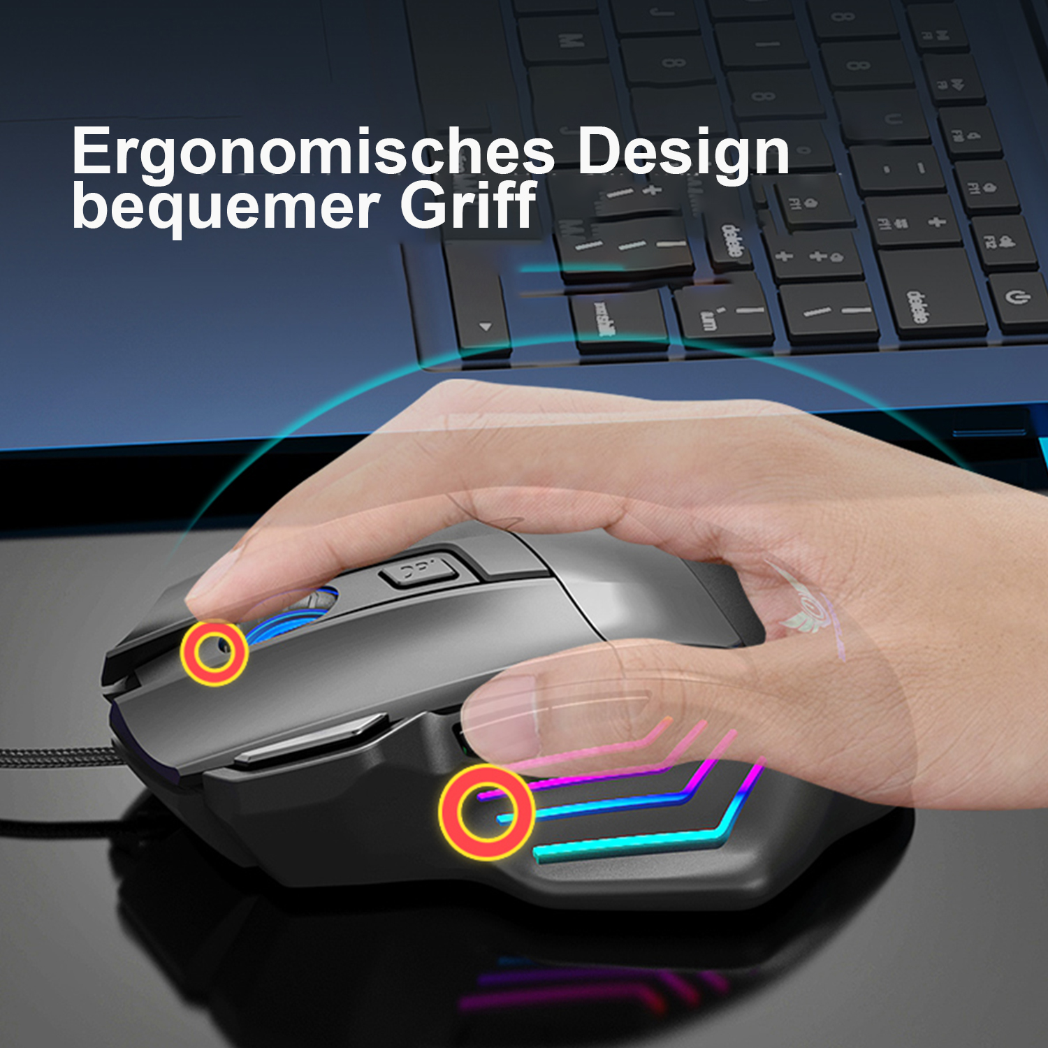 Computermaus mit einer Hand darüber. Schwarze Maus mit farbigen Lichtern.