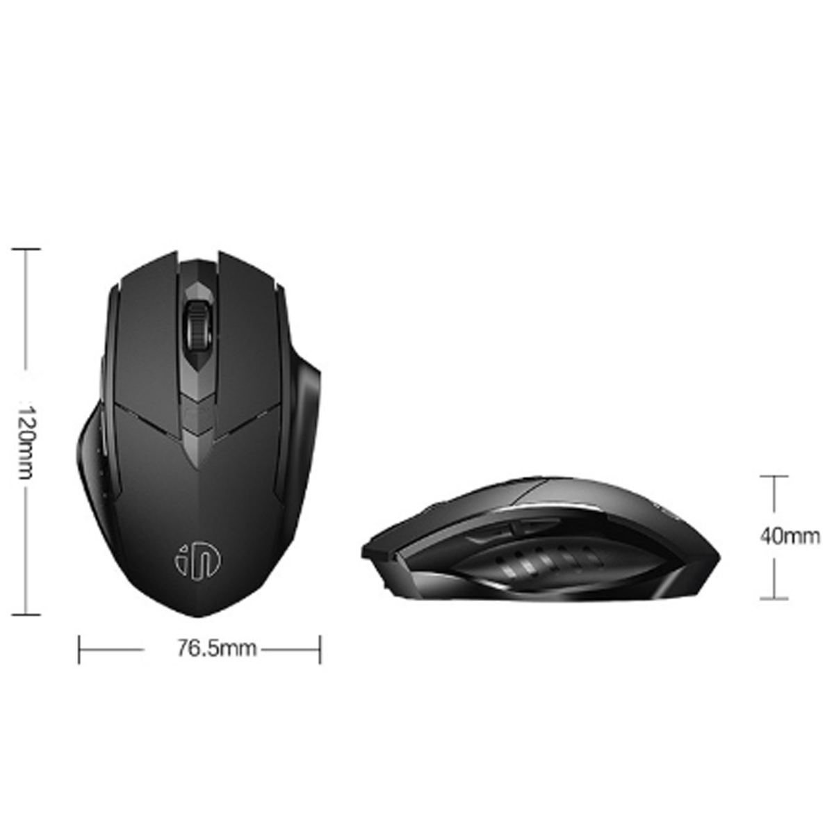 Eine schwarze Computermaus, von oben und der Seite betrachtet, mit Maßen: 120 mm hoch, 76,5 mm breit, 40 mm dick.