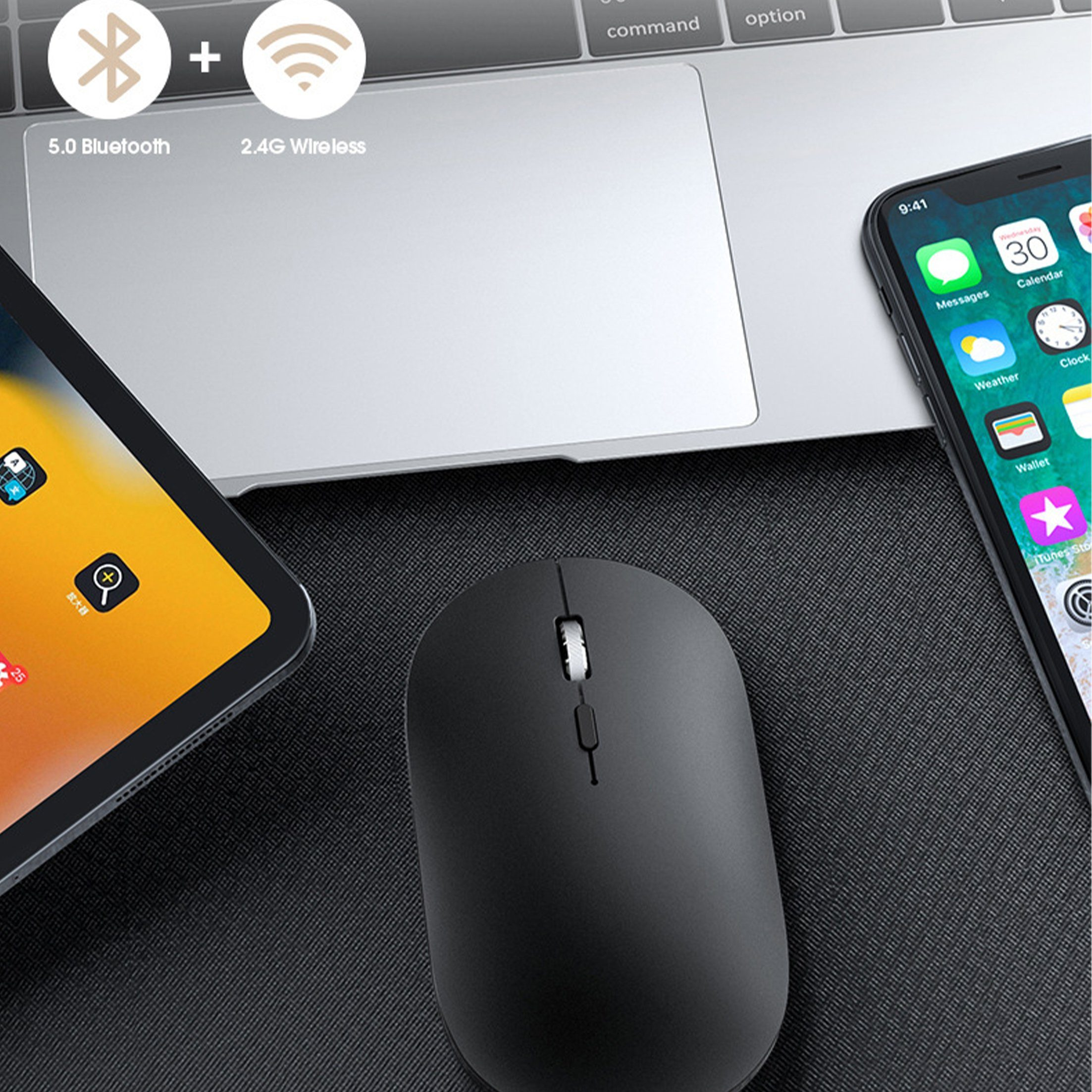 Schwarze kabellose Maus neben Tablet und Handy auf schwarzer Oberfläche. Bluetooth- und WLAN-Symbole.