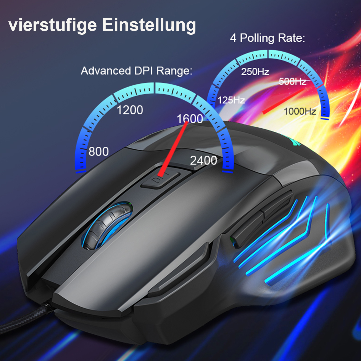 Schwarze Gaming-Maus mit blauen Akzenten, erweiterter DPI-Bereich und roter Anzeige, mit Textüberlagerungen.