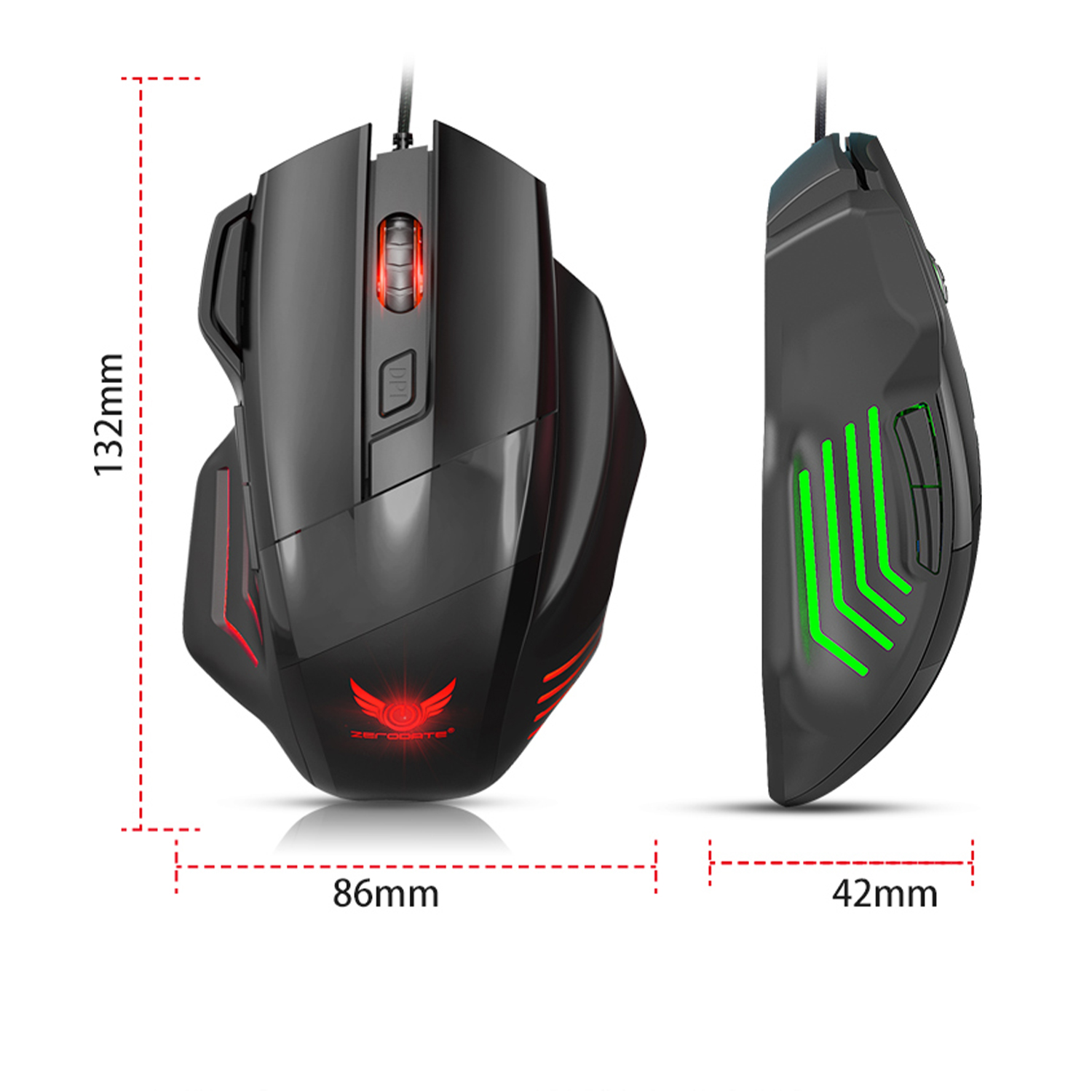 Schwarze Gaming-Maus mit roten und grünen Lichtern, Abmessungen in mm angegeben.