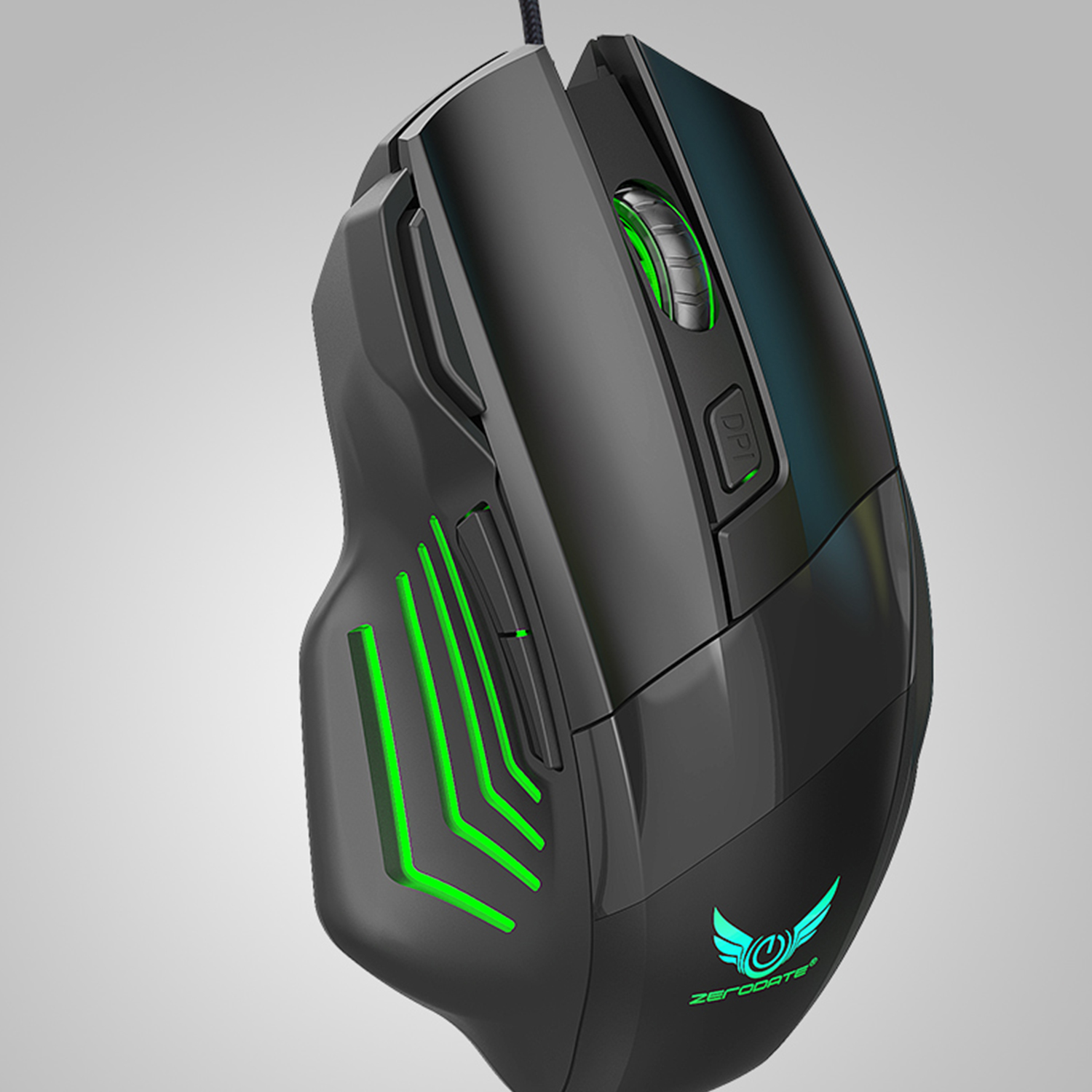 Schwarze Gaming-Maus mit grünen Akzenten. Hat Seitentasten und ein Logo. Der Hintergrund ist schlicht.