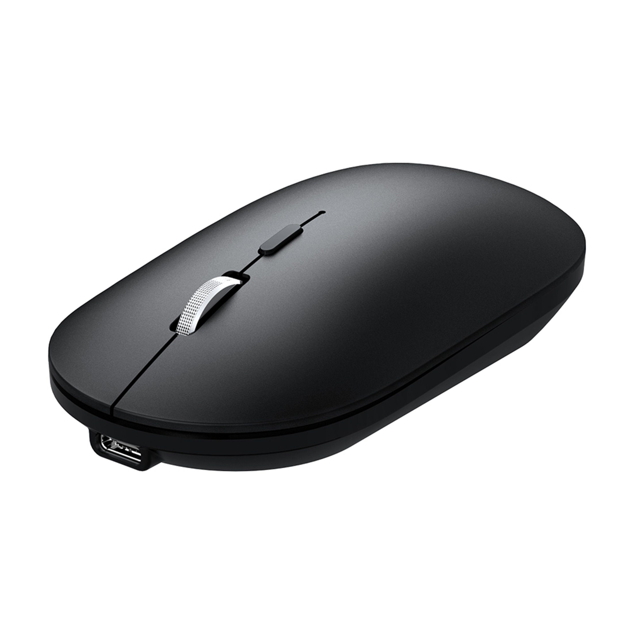 Schwarze kabellose Maus mit Scrollrad und USB-Anschluss.