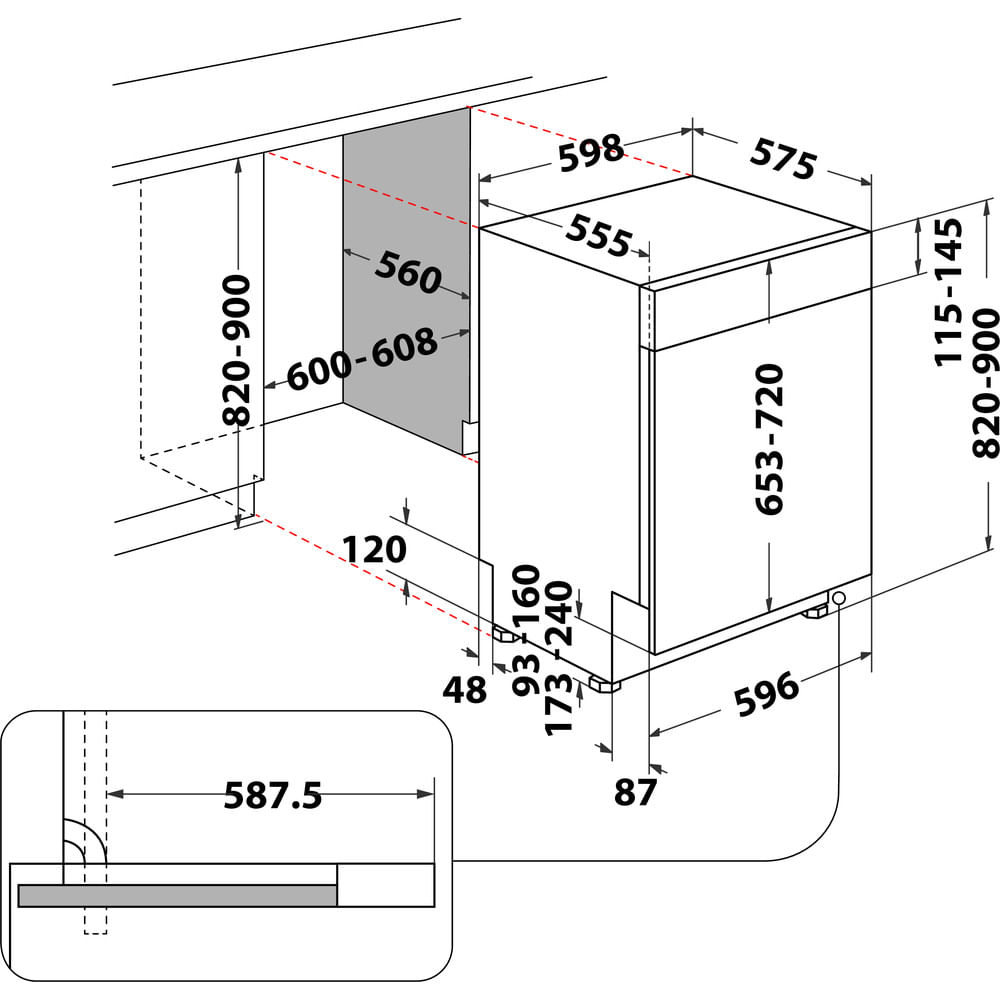 Diagrama de un lavavajillas con dimensiones en milímetros.
