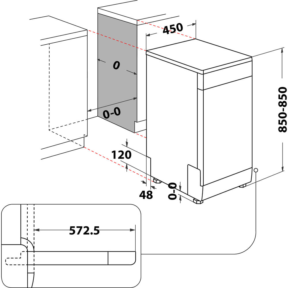 Disegno tecnico di una lavastoviglie, dimensioni in mm, sfondo bianco.