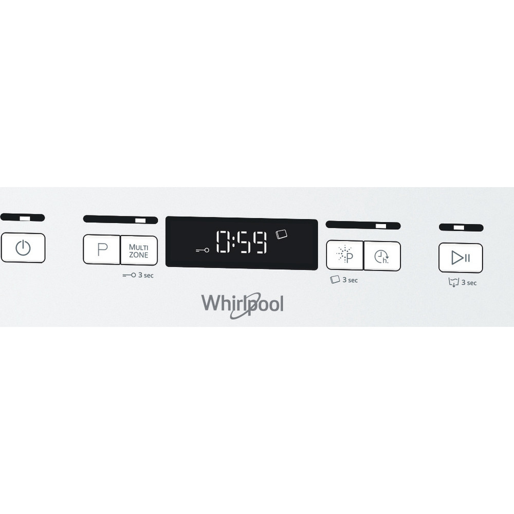 Panel de control de lavavajillas blanco con botones y pantalla. Tiempo mostrado 0:59. Logo Whirlpool.