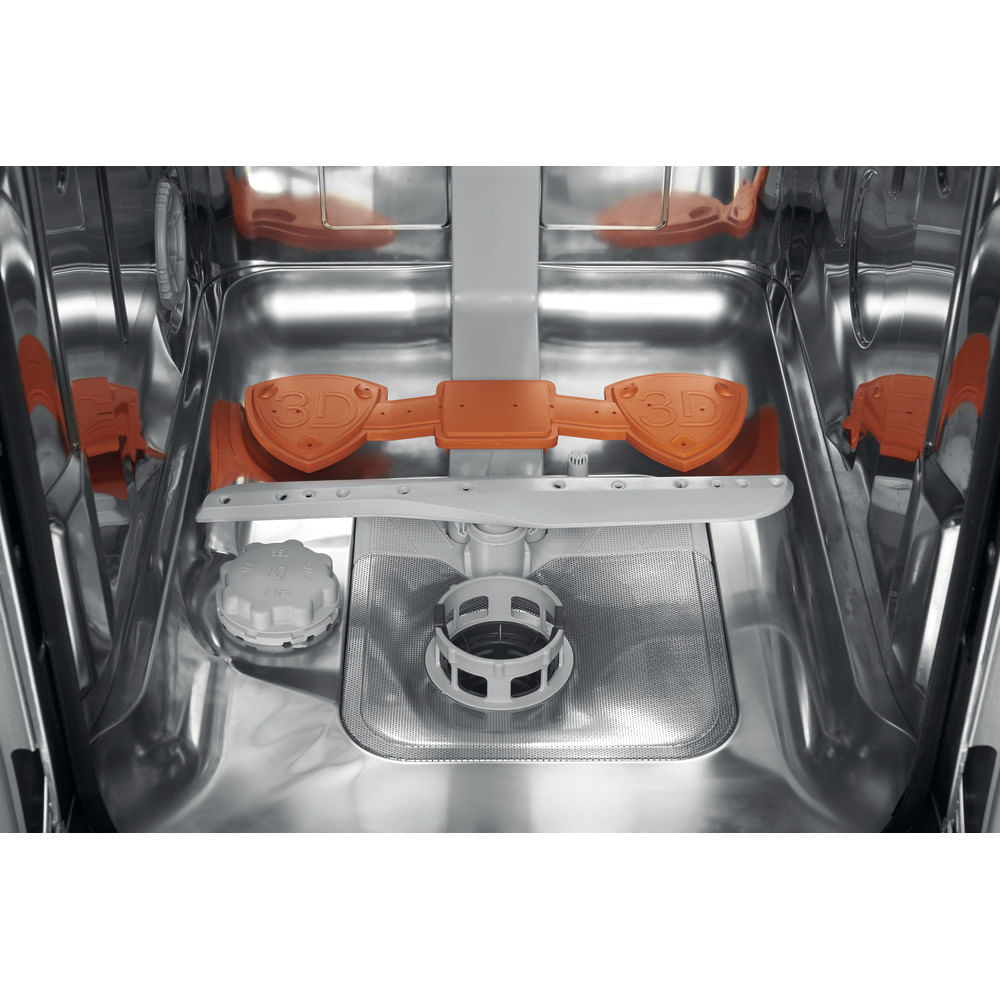 Interno di una lavastoviglie con bracci irroratori arancioni e filtro bianco, che mostra i cestelli.