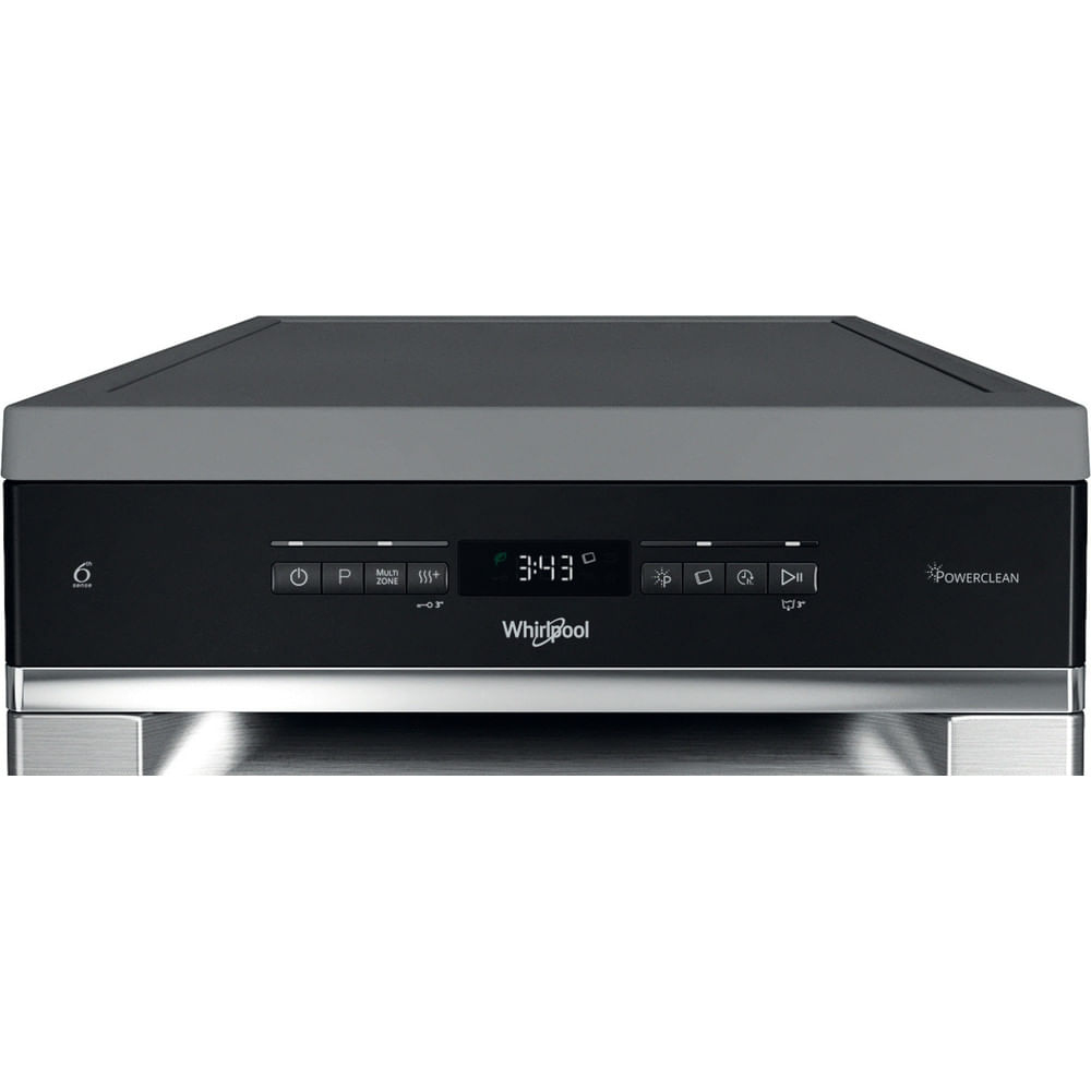 Vista frontale della lavastoviglie Whirlpool nera con display digitale e pulsanti.