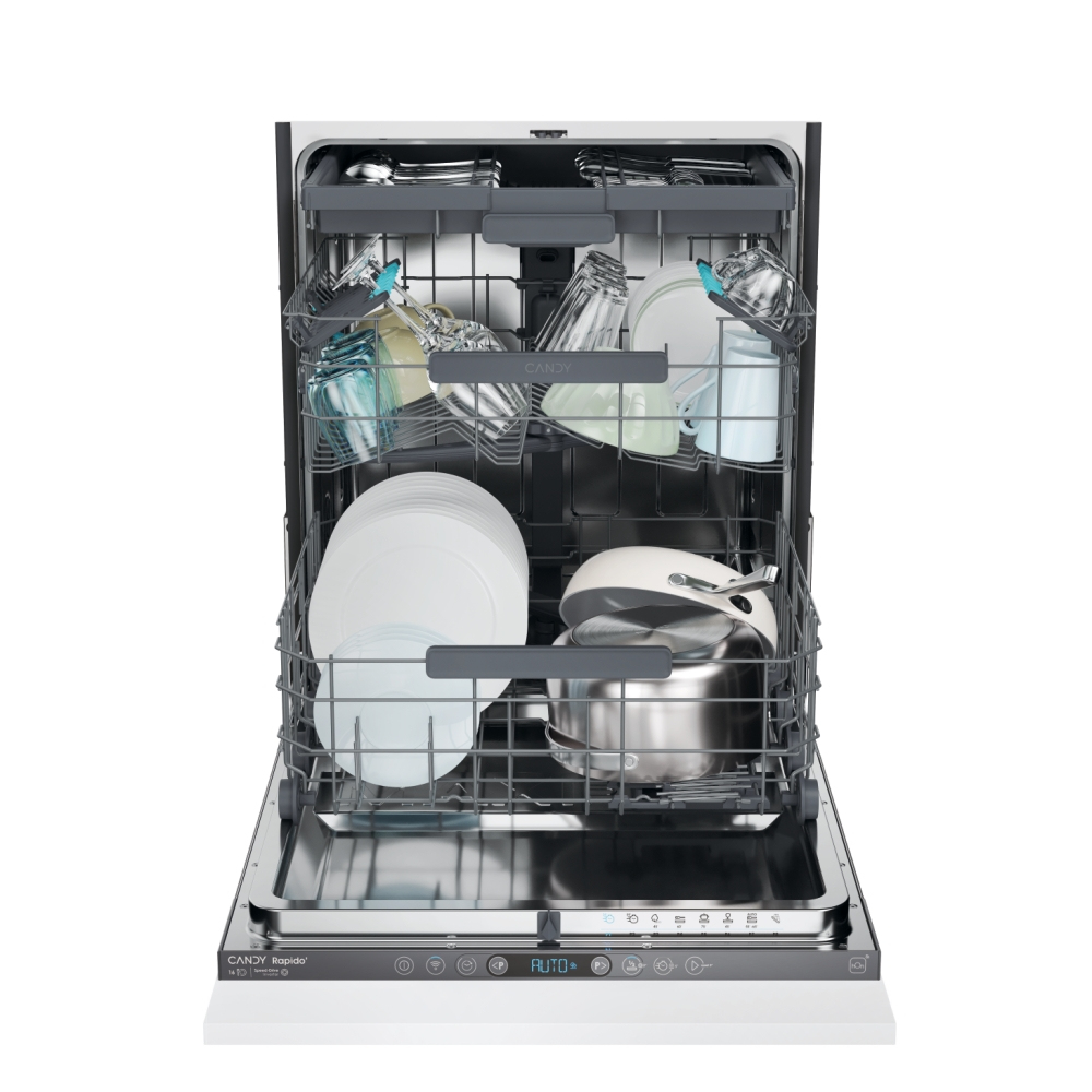Lavastoviglie con porta aperta, piatti all'interno. Esterno bianco. Pannello di controllo presente.