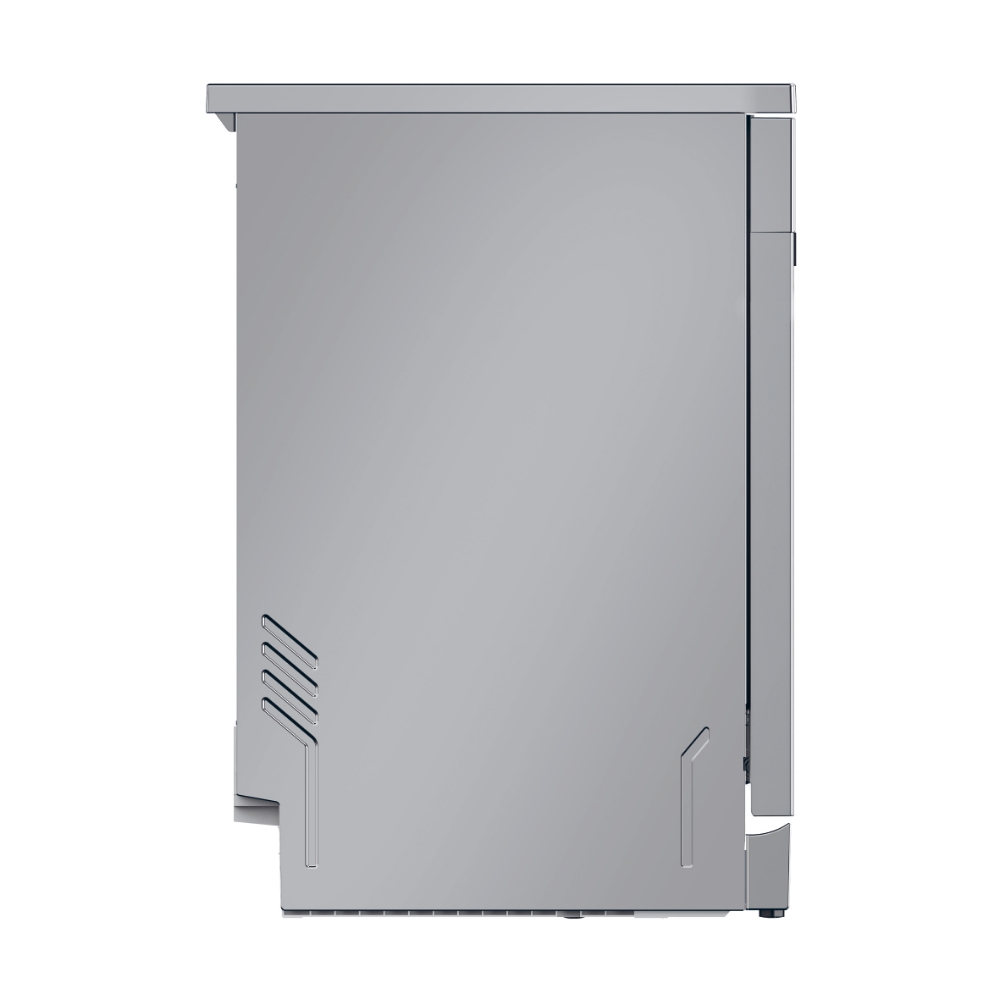 Zijaanzicht van een zilveren vaatwasser. Het zijpaneel heeft ventilatieopeningen. Witte achtergrond.
