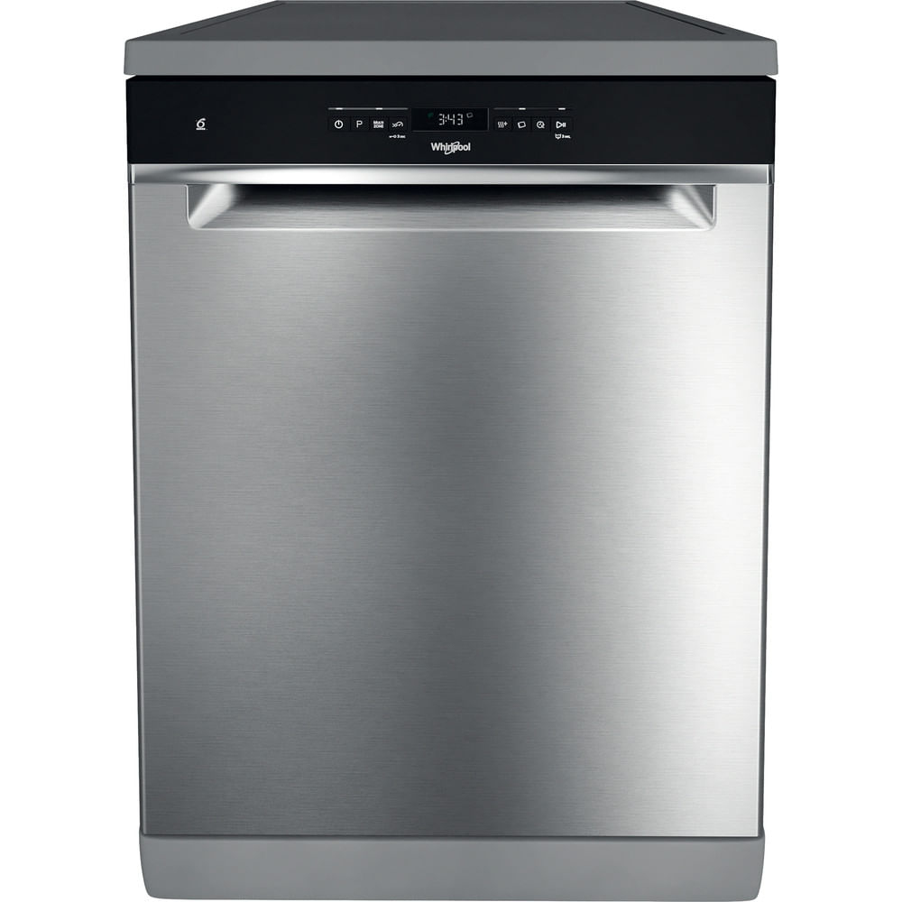 Lavastoviglie Whirlpool, finitura inox, pannello superiore nero con display e comandi.