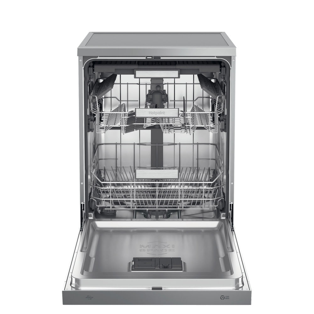 Lavastoviglie Hotpoint, aperta, con ripiani interni, bracci irroratori ed etichetta Maxi Space.