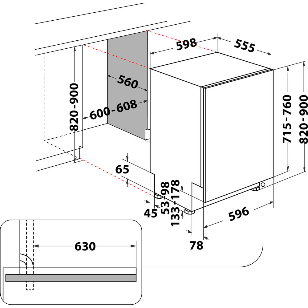 Disegno tecnico di una lavastoviglie, che mostra dimensioni e dettagli di installazione.